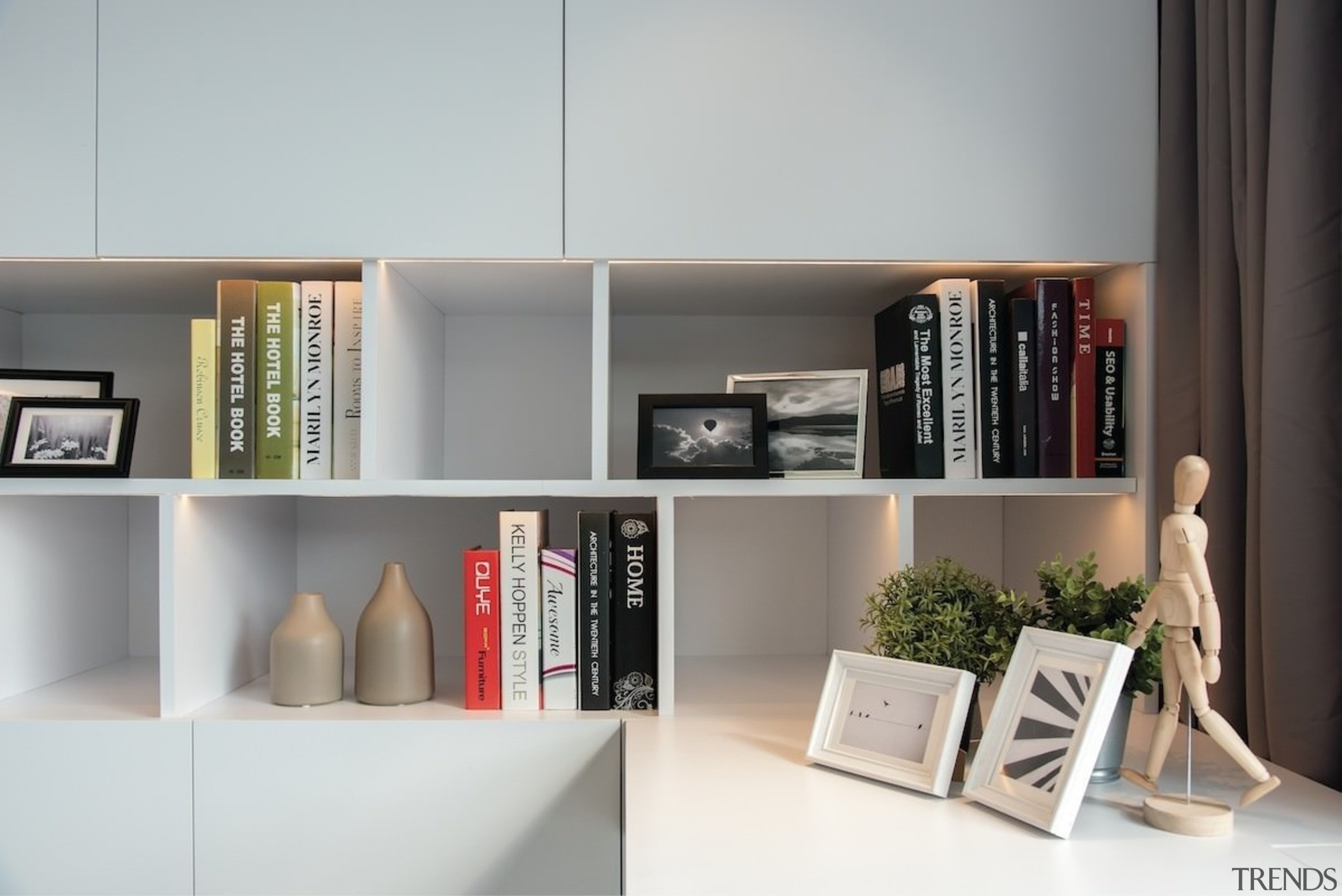 A closer view of the shelving in the bookcase, furniture, interior design, office, product design, shelf, shelving, gray