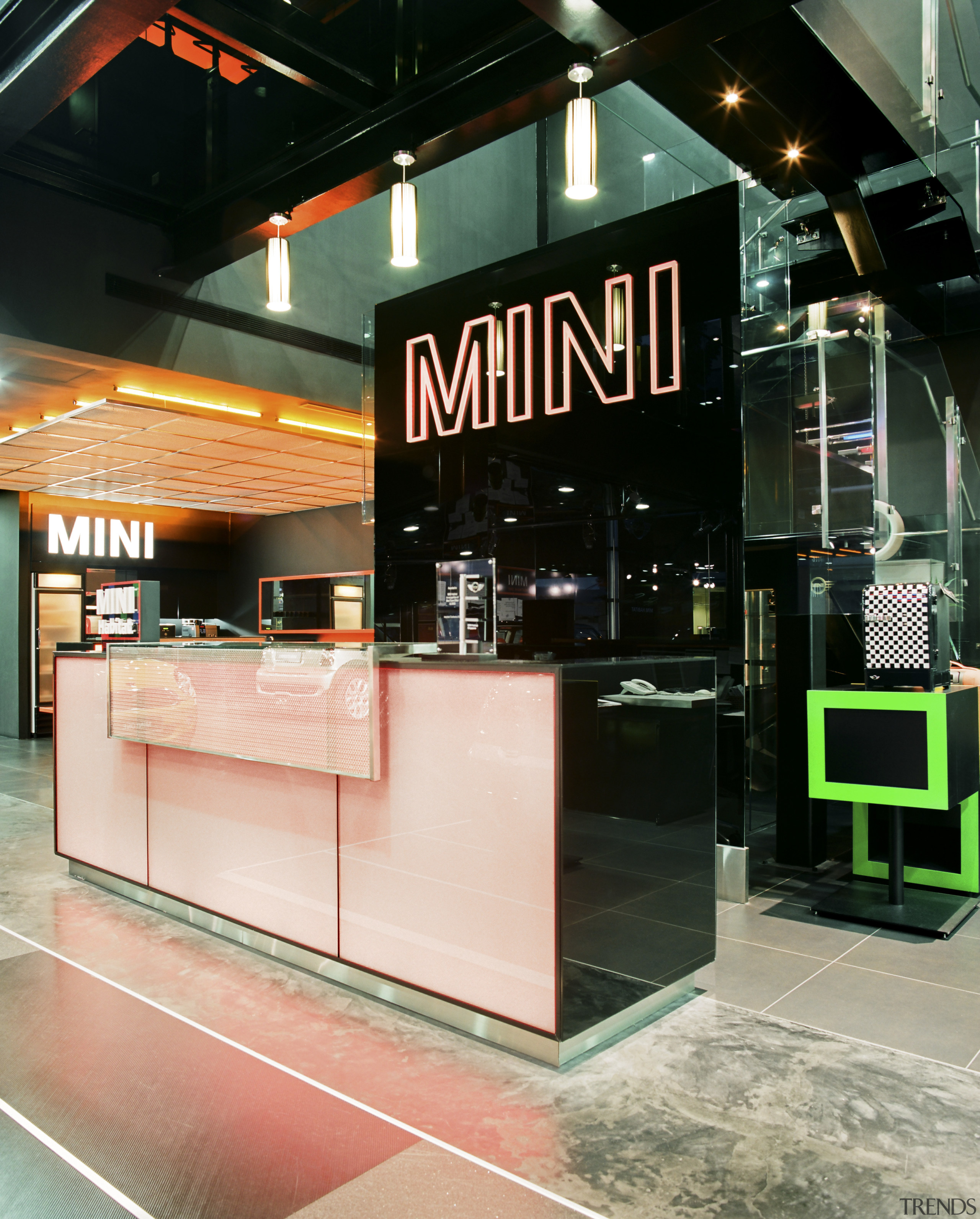 The LED-lit exterior frames are synchronised with the glass, interior design, retail, black
