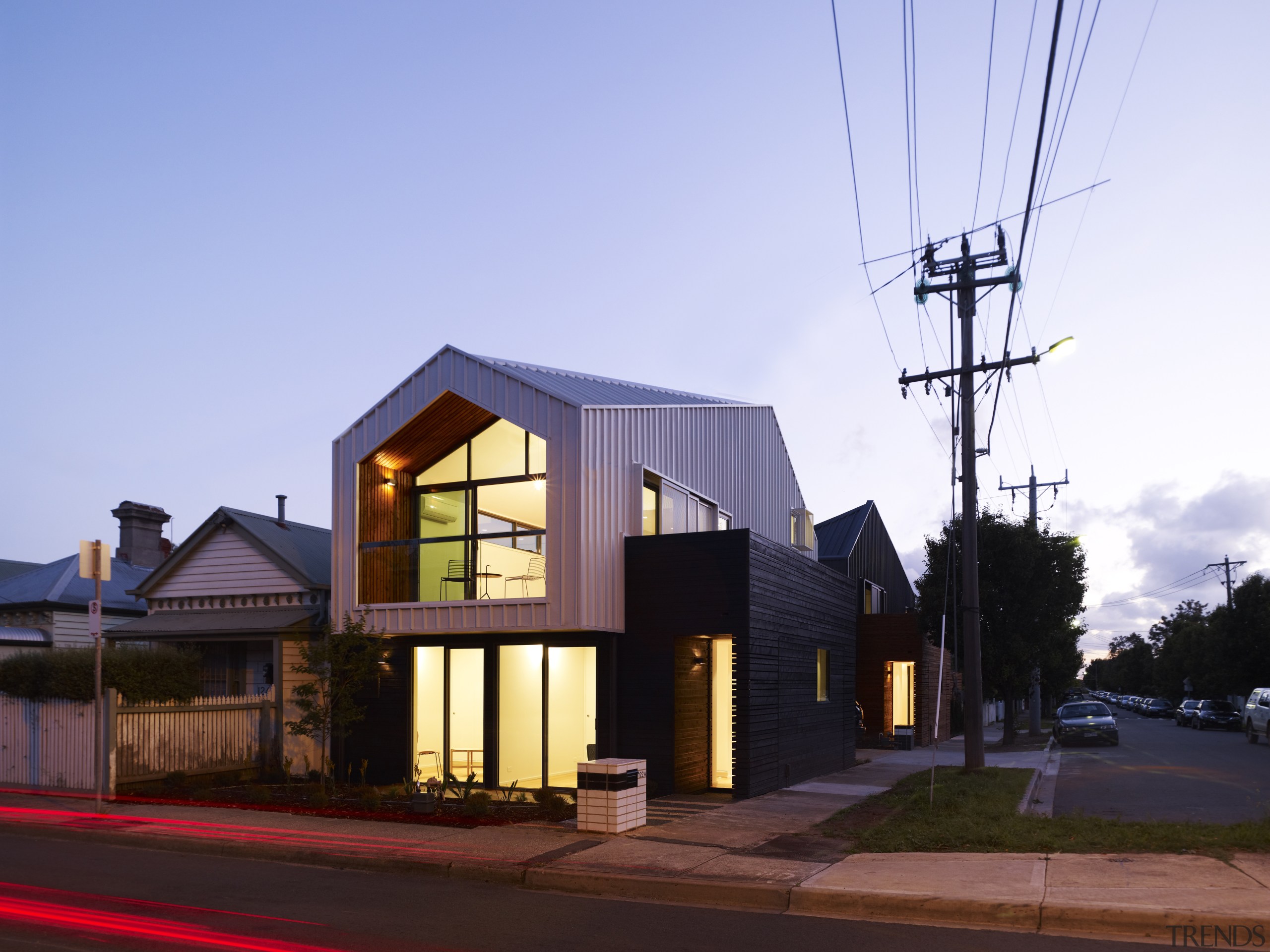 facade from street - two sides - facade architecture, building, cottage, facade, home, house, property, real estate, residential area, roof, sky, suburb, teal