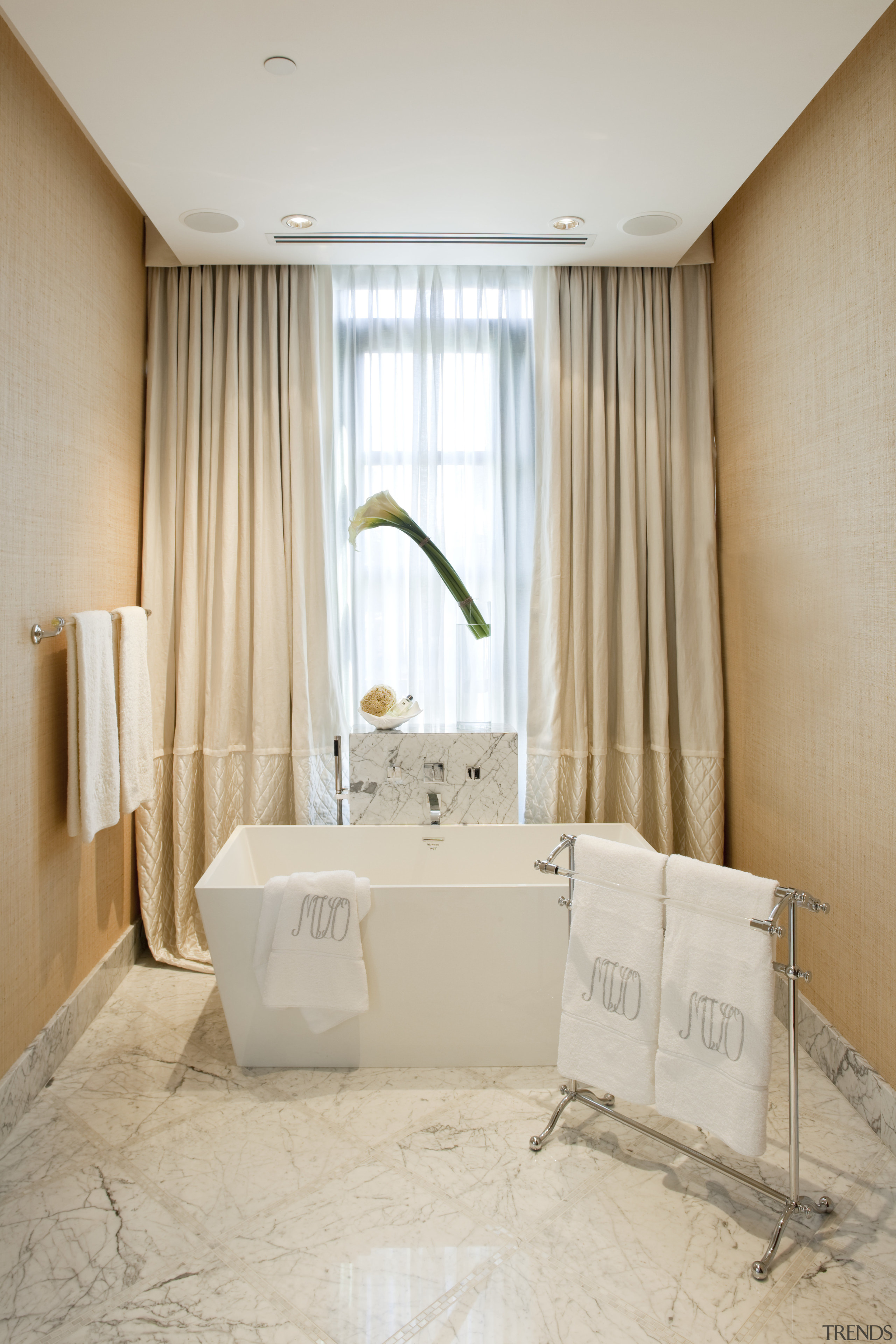 view of the freestanding bathtub with marble floor bathroom, ceiling, curtain, floor, flooring, home, interior design, real estate, room, textile, wall, window, window treatment, gray