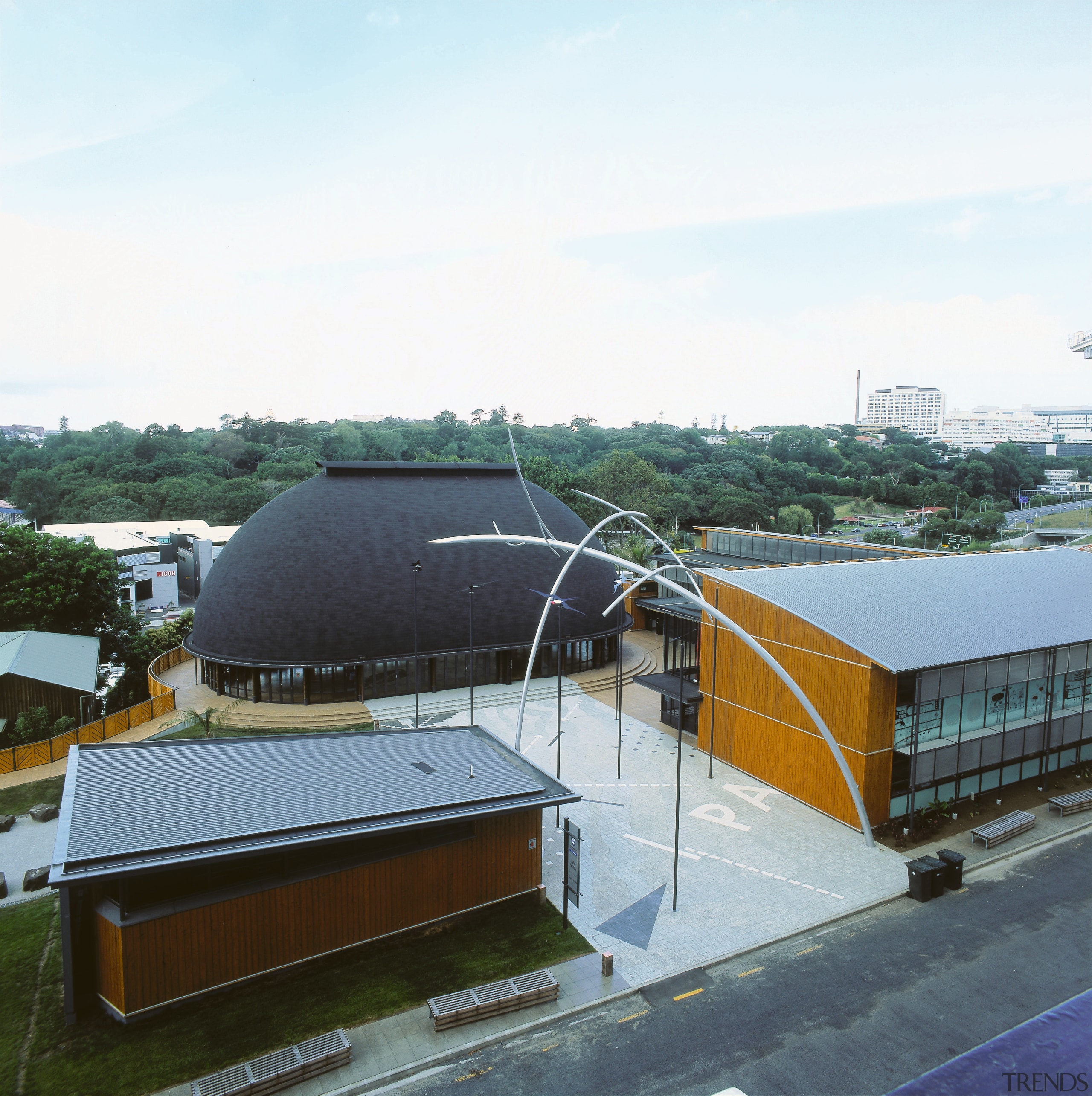 Exterior view of group of buildings with sculpture architecture, house, roof, structure, white