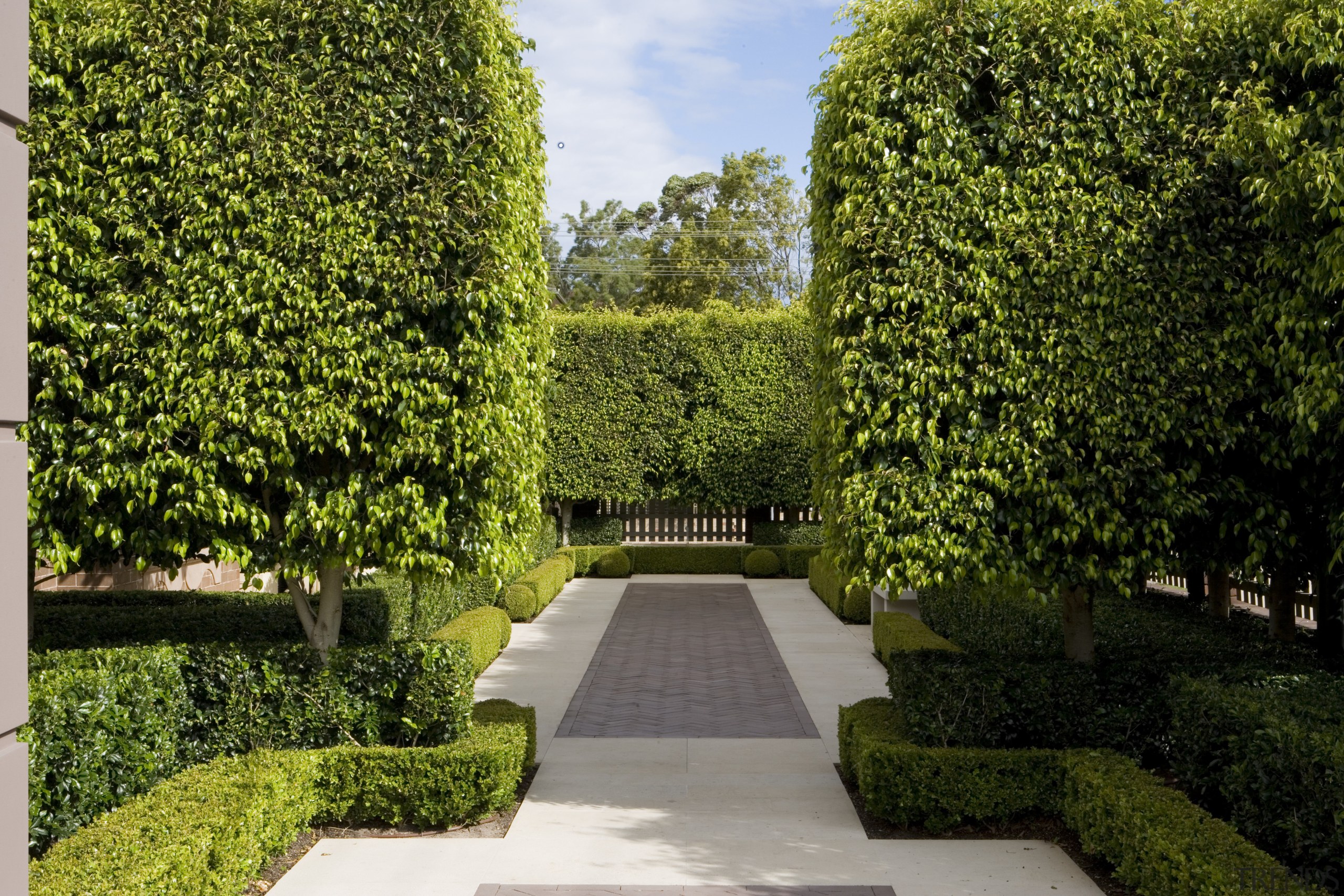 The three layers of hedging surround a series botanical garden, courtyard, estate, garden, grass, hedge, landscape, landscaping, lawn, leaf, plant, real estate, shrub, tree, vegetation, walkway, brown