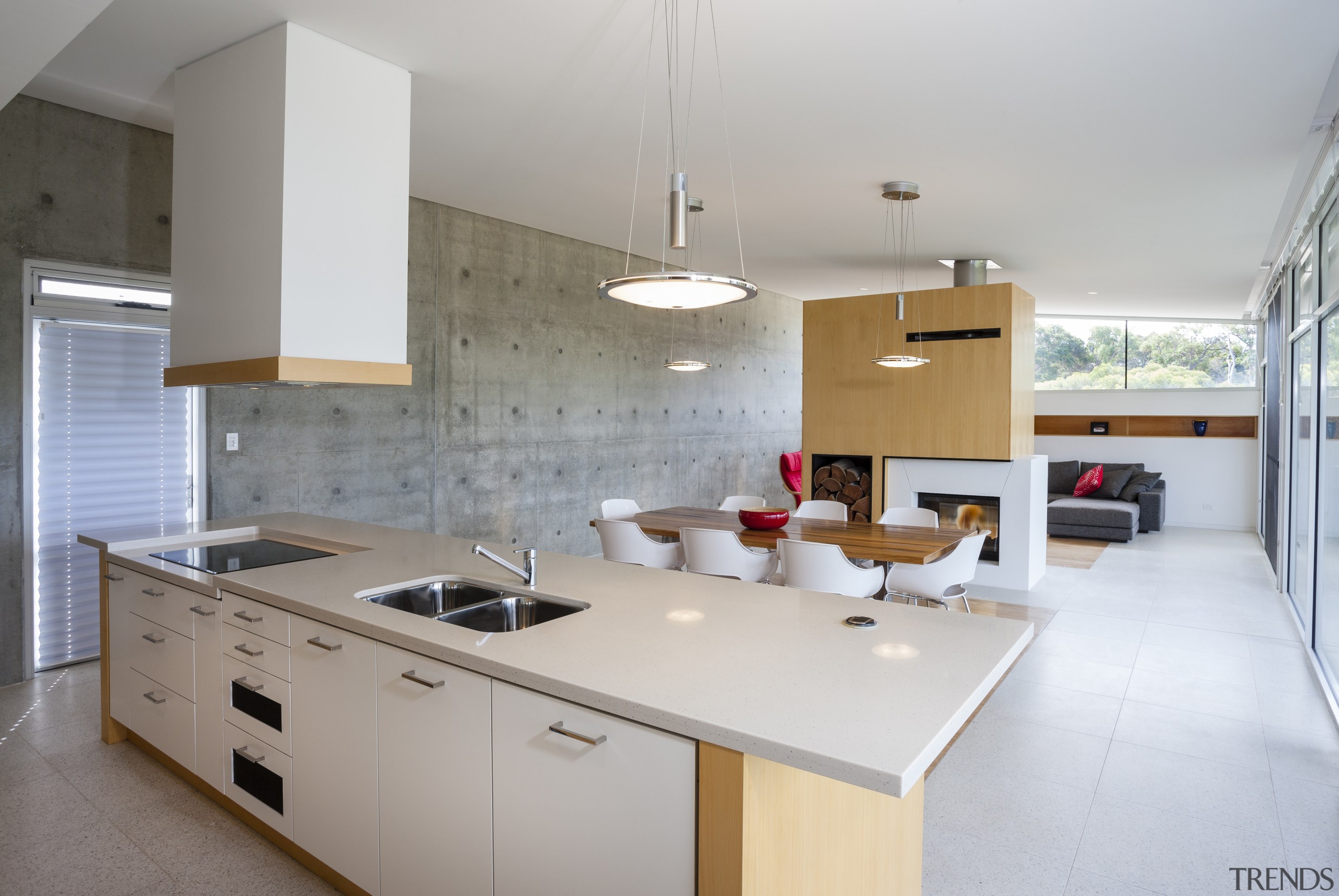 A predominently white kitchen island, with hanging extractor architecture, countertop, cuisine classique, interior design, kitchen, real estate, room, gray