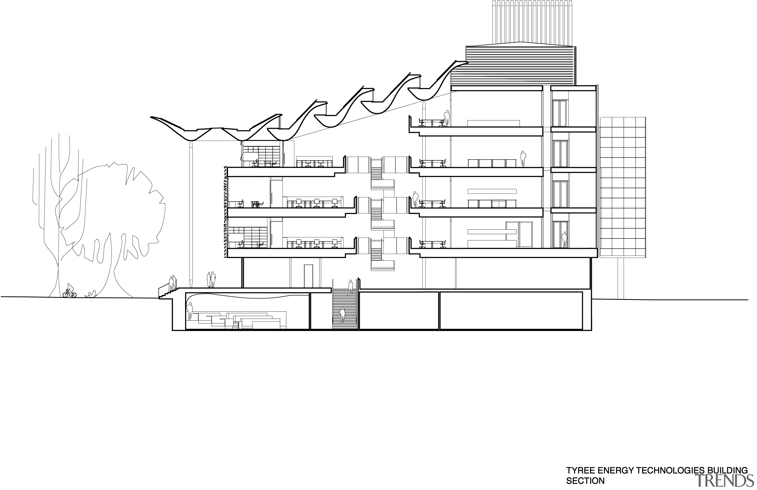 Cross section of Tyree Energy Technologies Building University architecture, area, artwork, black and white, design, diagram, drawing, elevation, floor plan, font, line, line art, plan, product design, structure, technical drawing, text, white