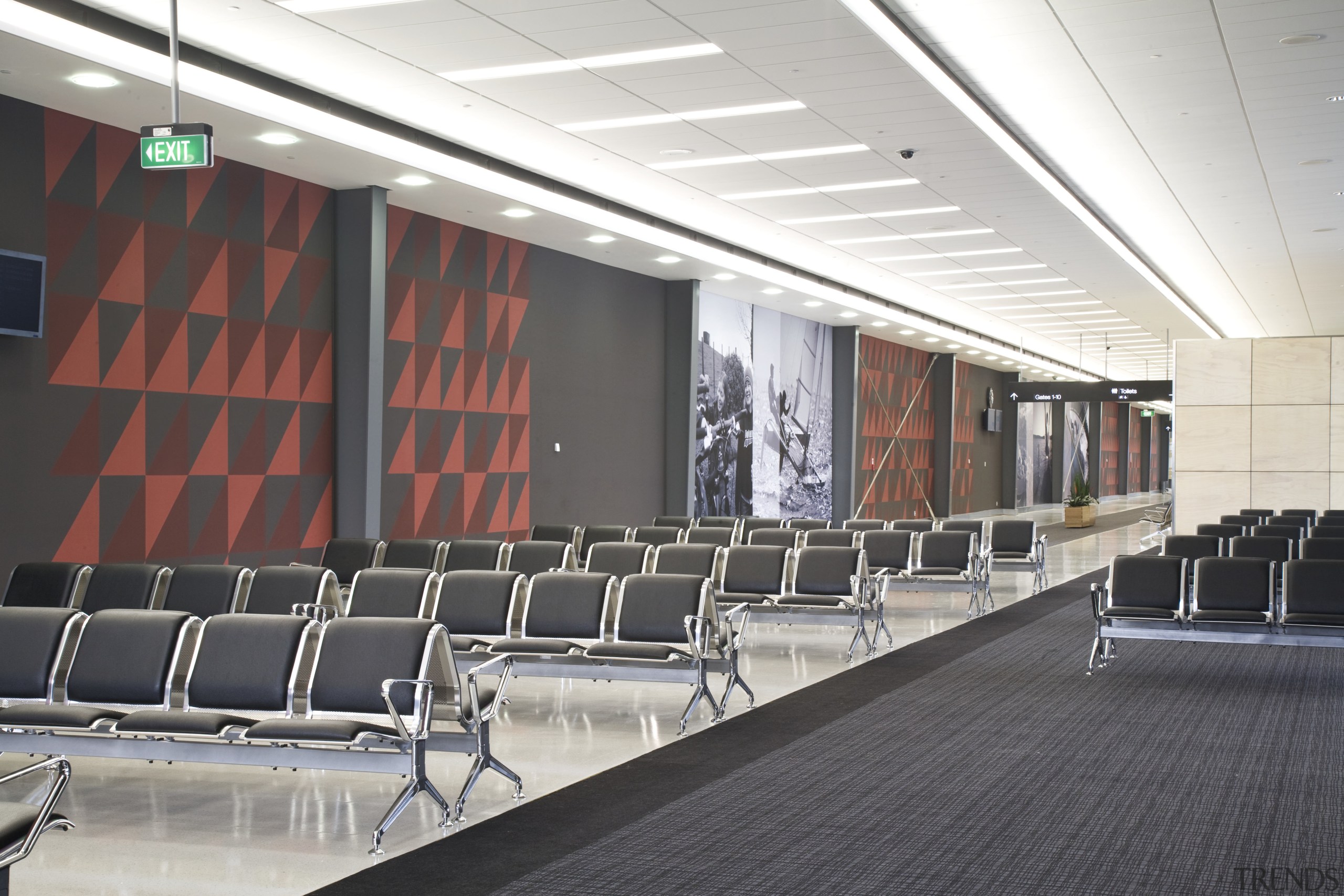 Images of new Pier at Auckland Airport designed auditorium, conference hall, white, black, gray