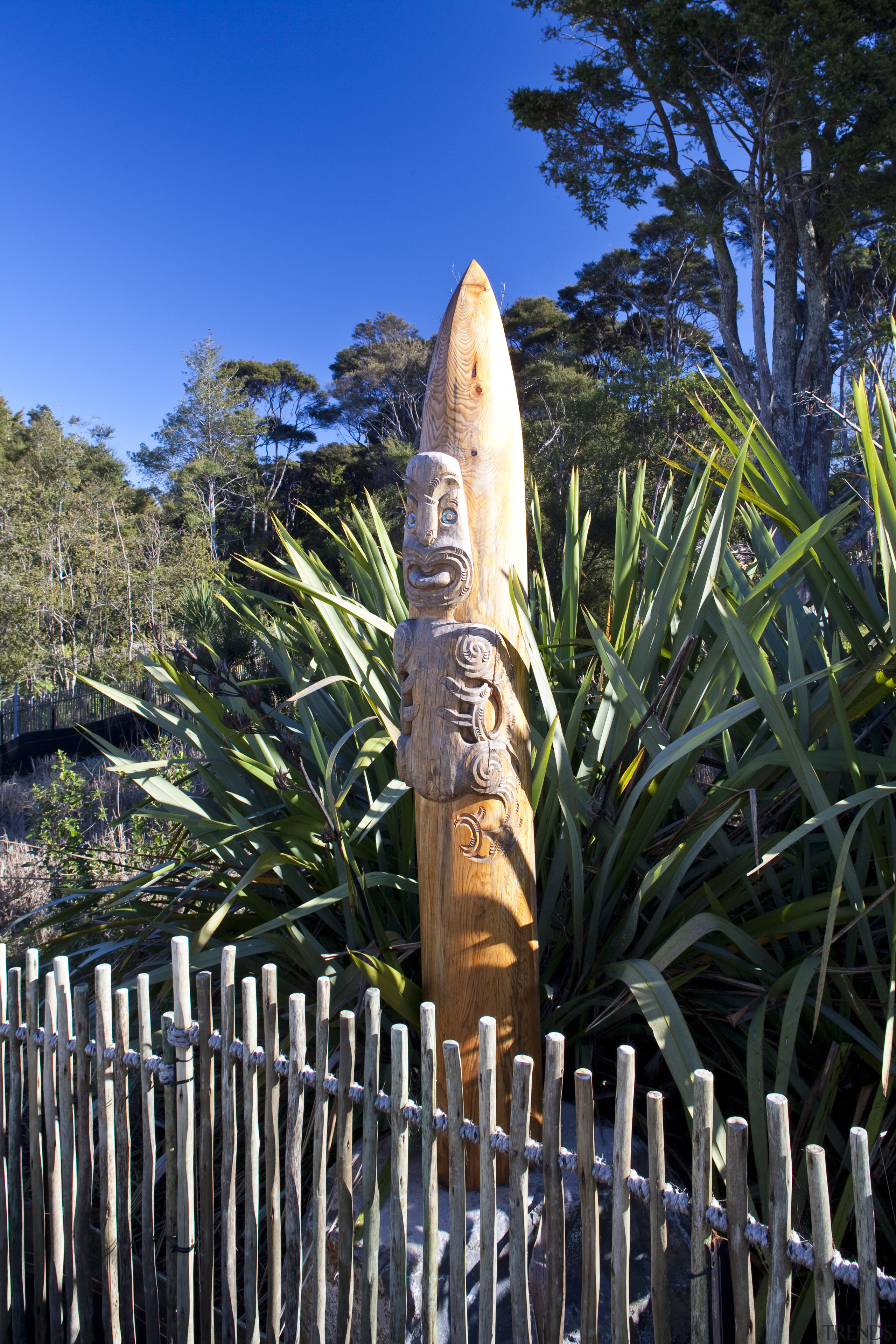 View of the Maori carving within the garden arecales, outdoor structure, plant, tiki, tree, black