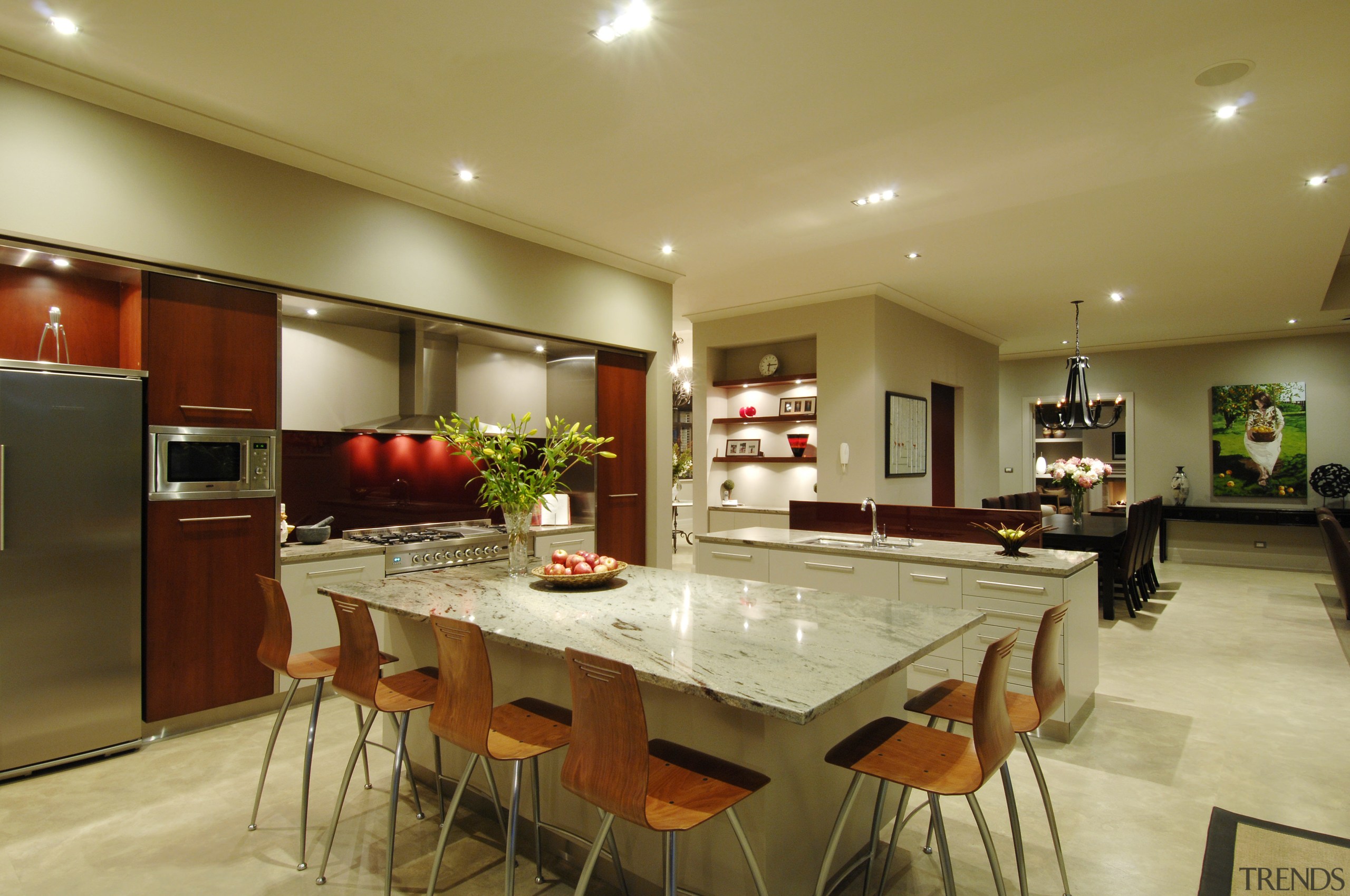 This house was designed by Mark Wilson of ceiling, countertop, interior design, kitchen, real estate, room, brown, orange