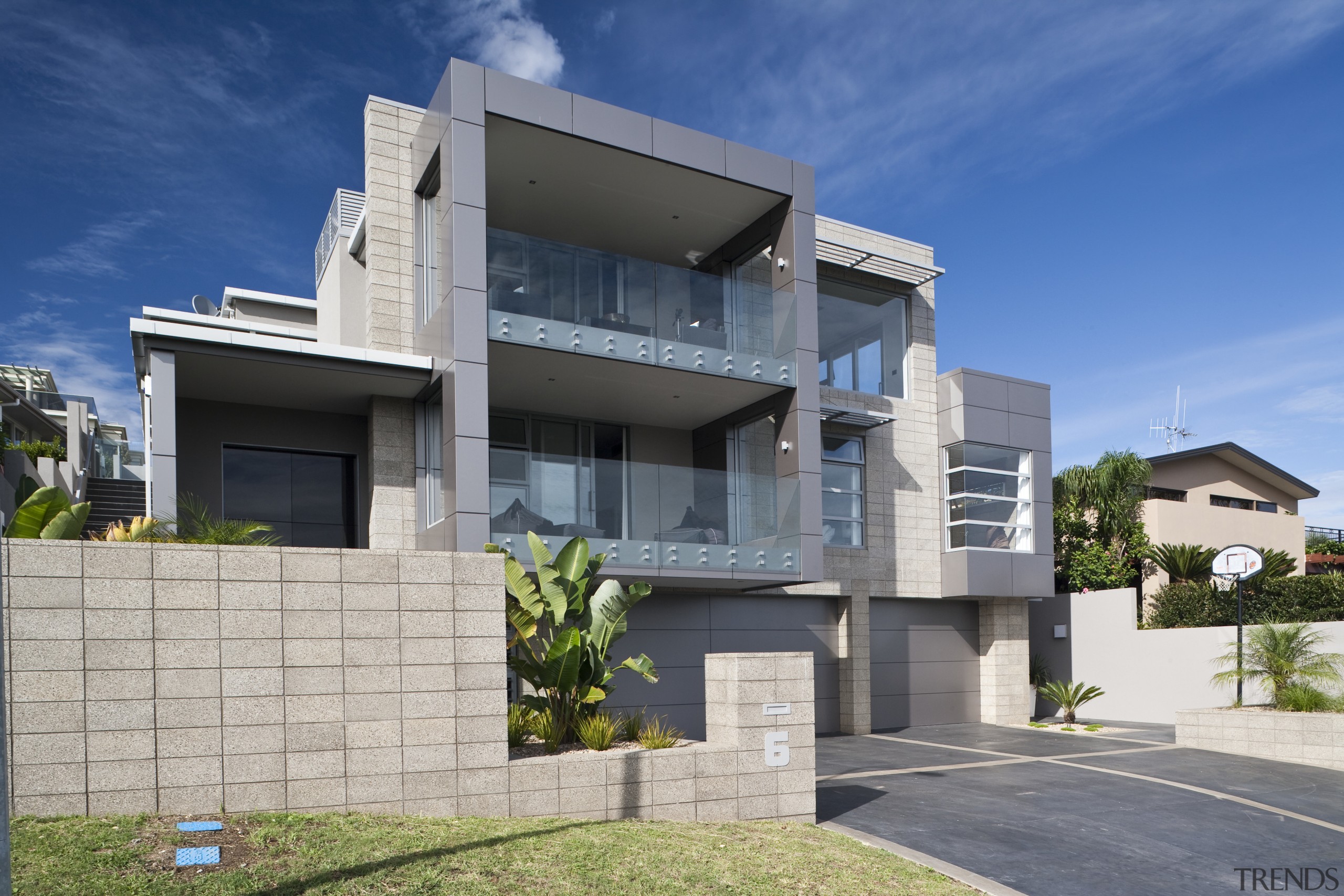 Exterior view of a home designed by Robin architecture, building, condominium, elevation, estate, facade, home, house, neighbourhood, official residence, property, real estate, residential area, suburb, gray