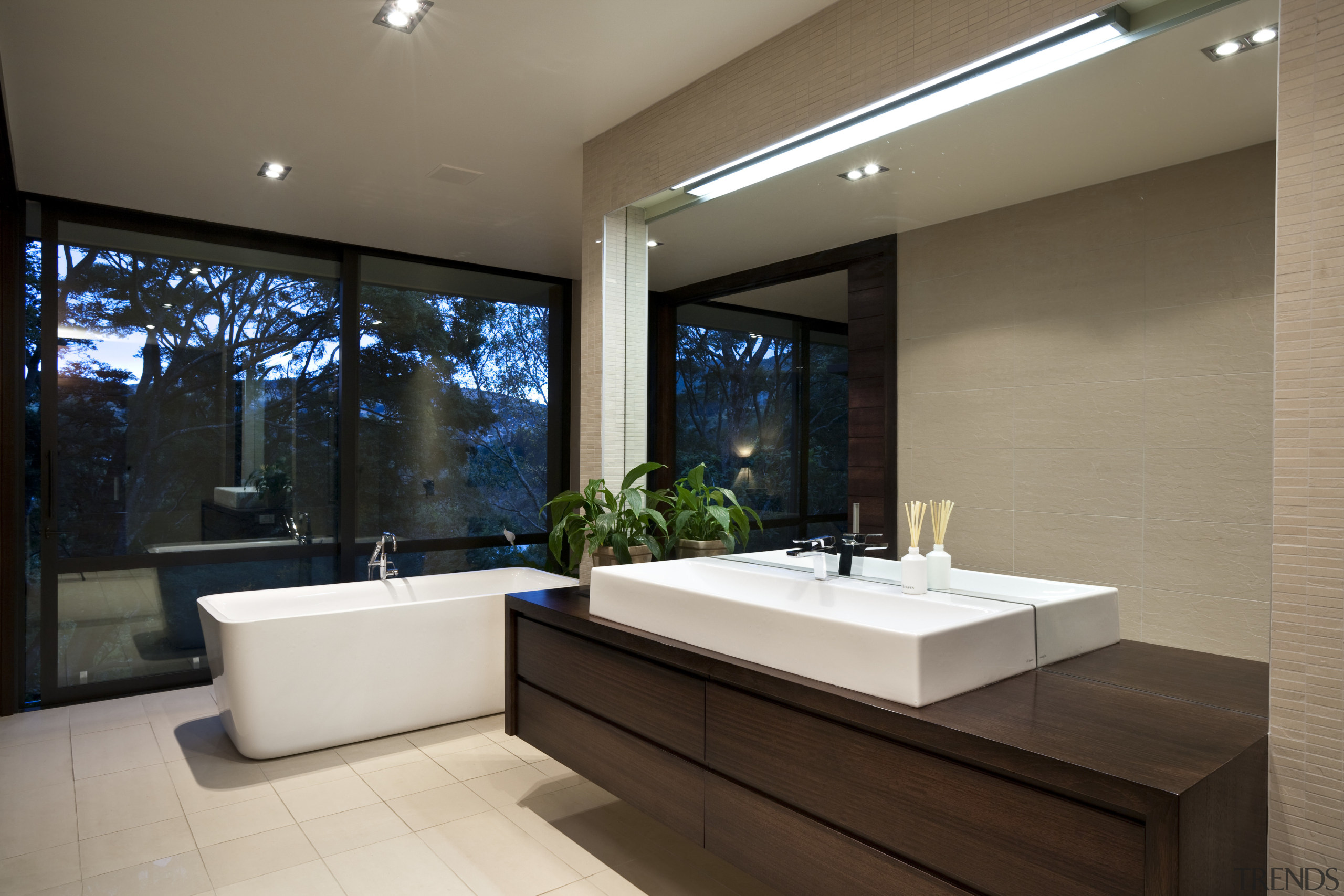 View of bathroom which features freestanding tub, cantilevered bathroom, estate, interior design, real estate, room, brown, gray