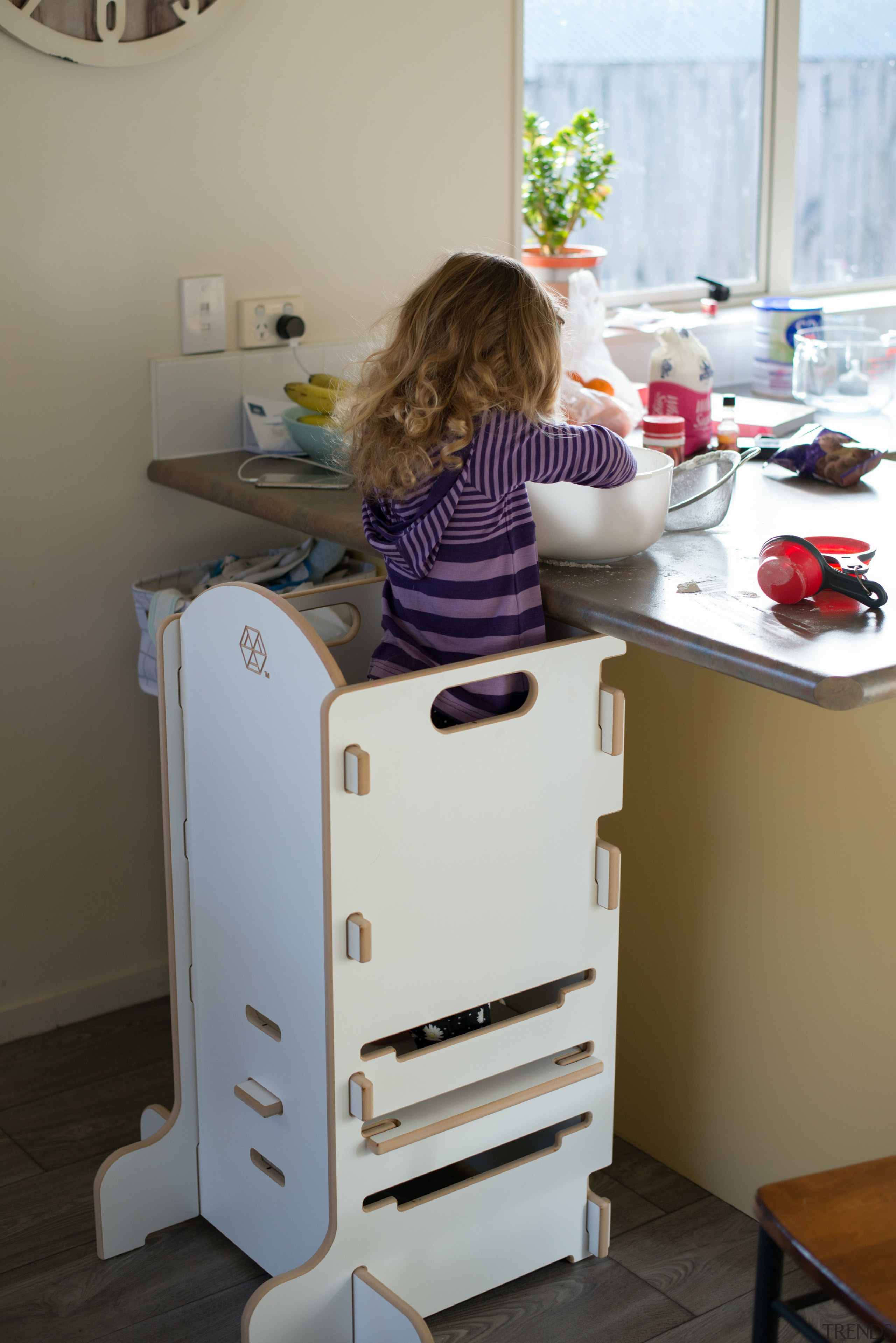 The Arc Assistant assists toddlers to stand up chest of drawers, desk, drawer, filing cabinet, furniture, product, product design, room, shelf, shelving, table, gray