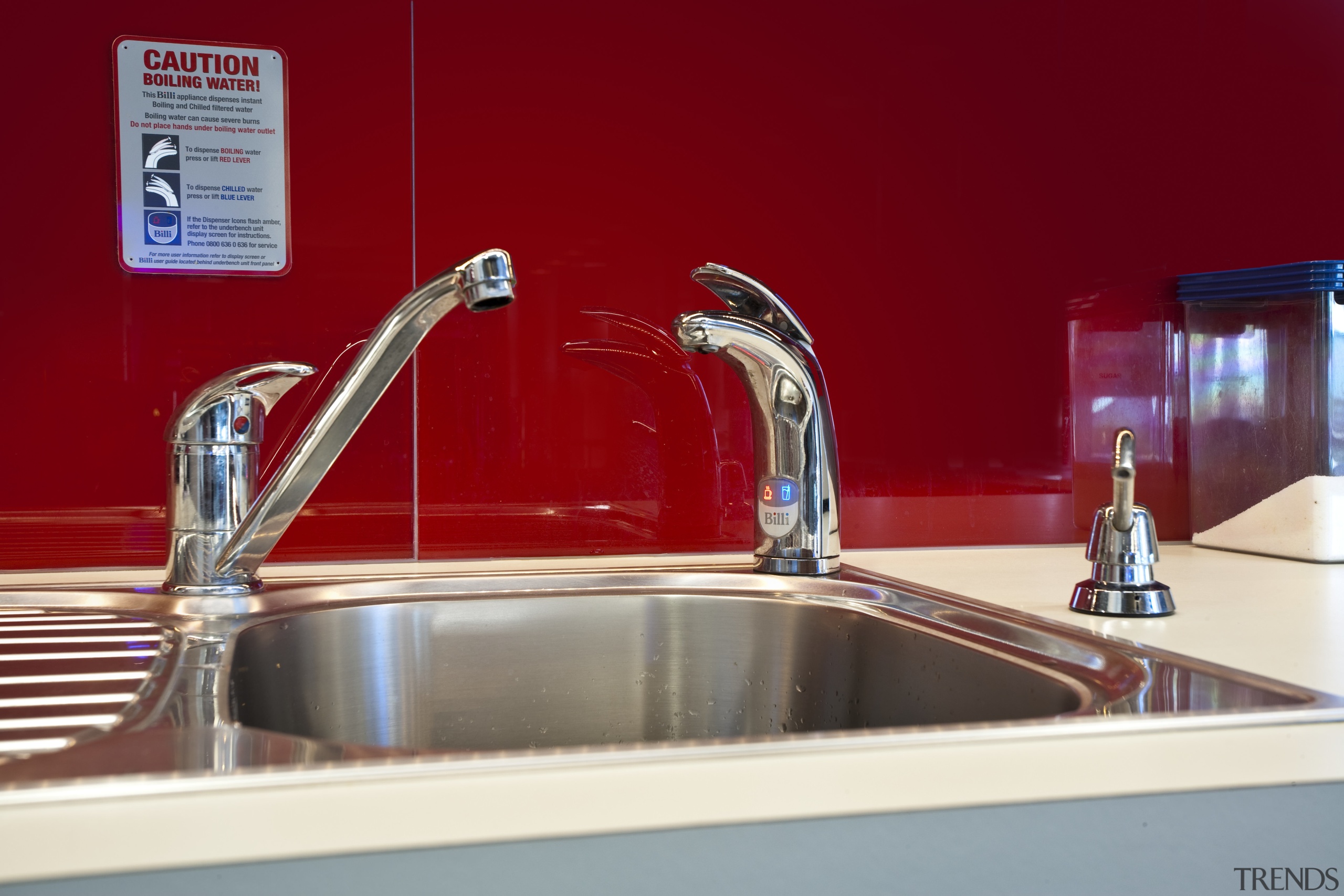 View of the staff kitchen at the BNZ countertop, glass, plumbing fixture, product design, sink, tap, red