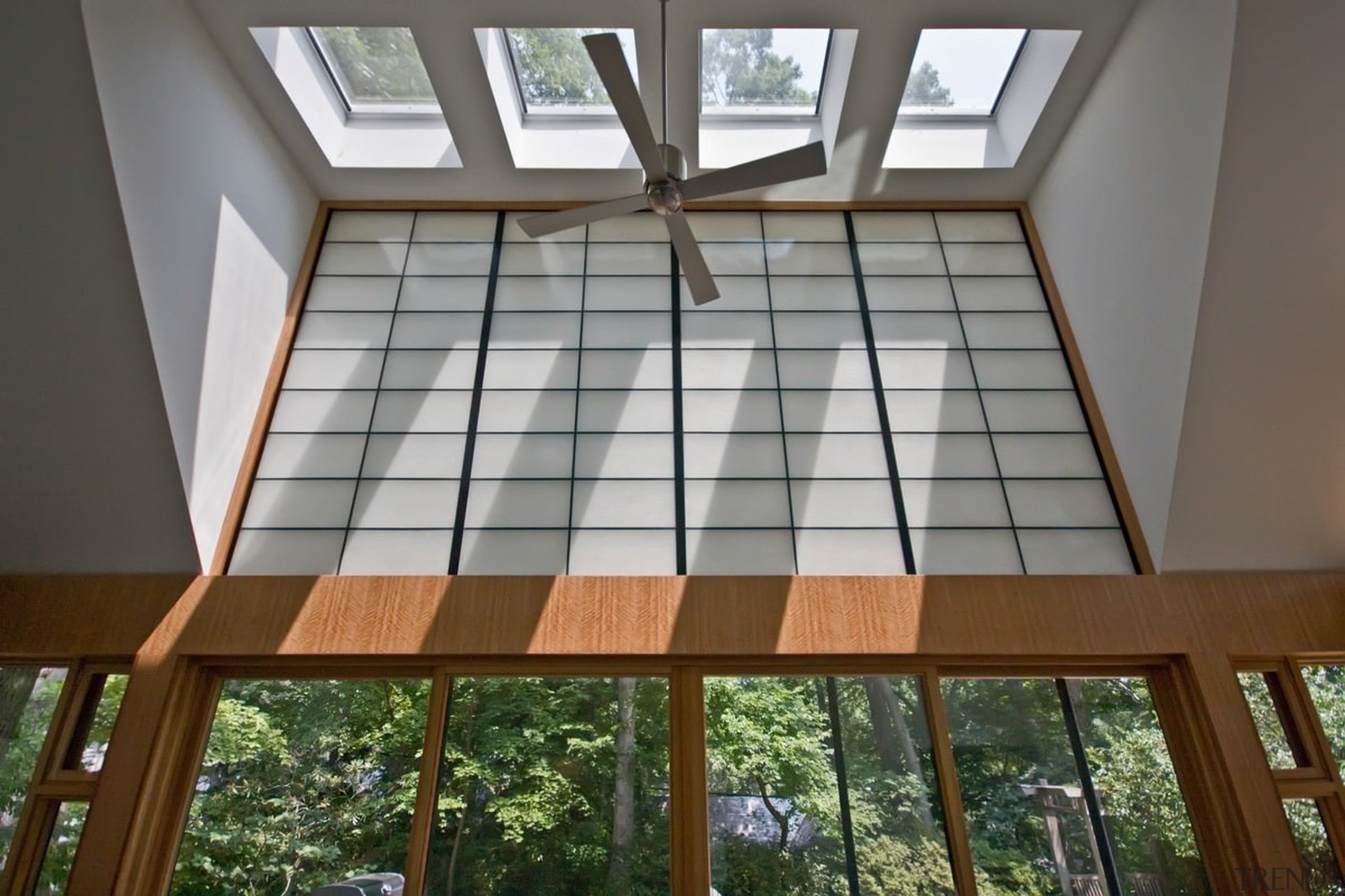 Photo by Boris Suvac - A ceiling fan architecture, ceiling, daylighting, home, house, interior design, property, real estate, roof, window, wood, gray