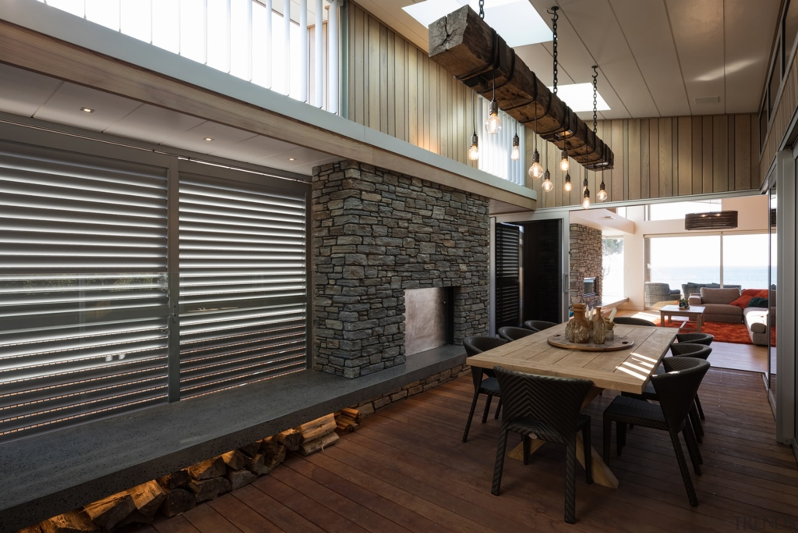 78580_louvretec-new-zealand-ltd_1557361902 - architecture | brick | building | architecture, brick, building, ceiling, daylighting, floor, furniture, hardwood, home, house, interior design, loft, property, real estate, roof, room, shade, table, wall, window covering, wood, wood flooring, black