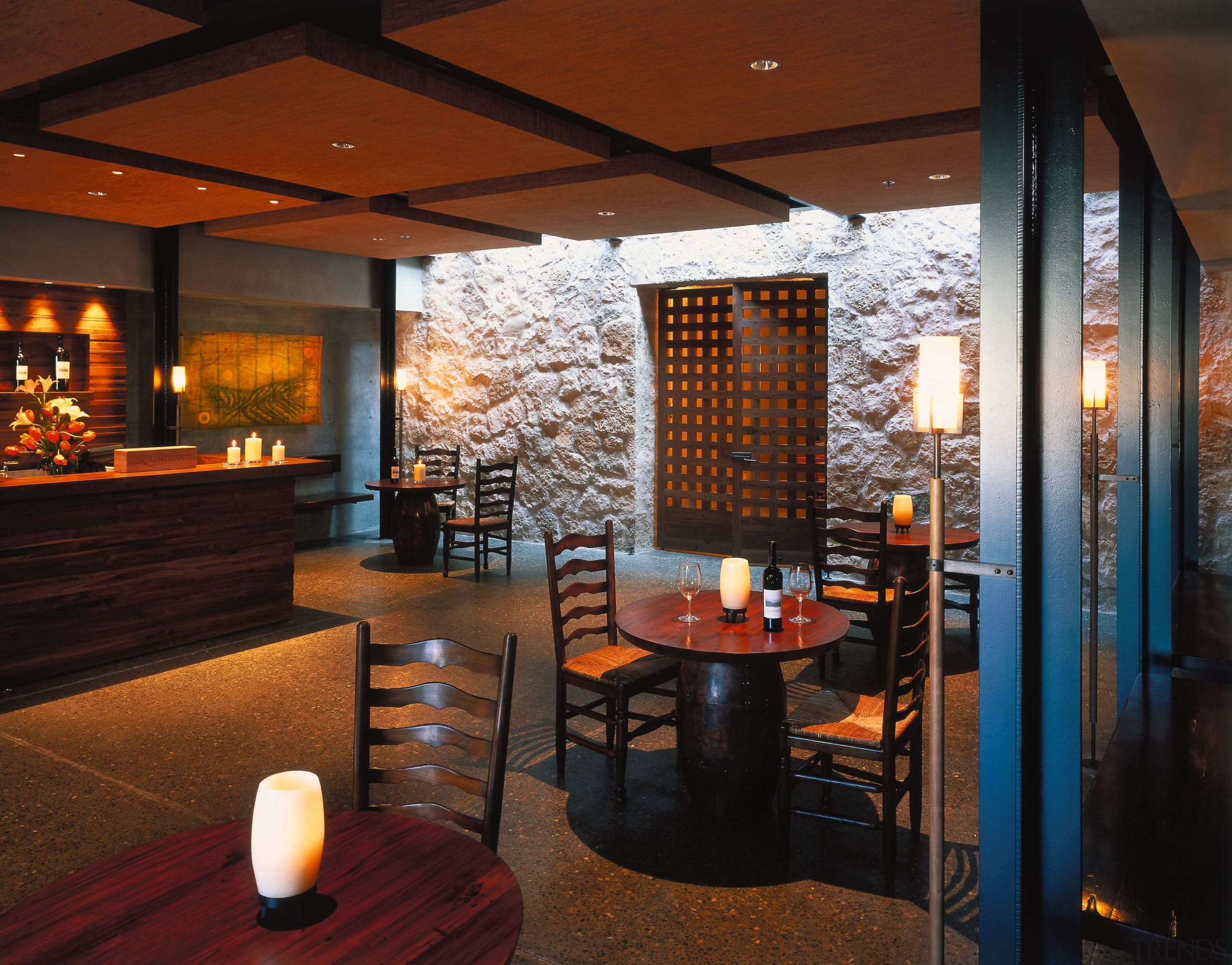 view of this wine tasting room featuring structural café, dining room, interior design, restaurant, table, black, brown