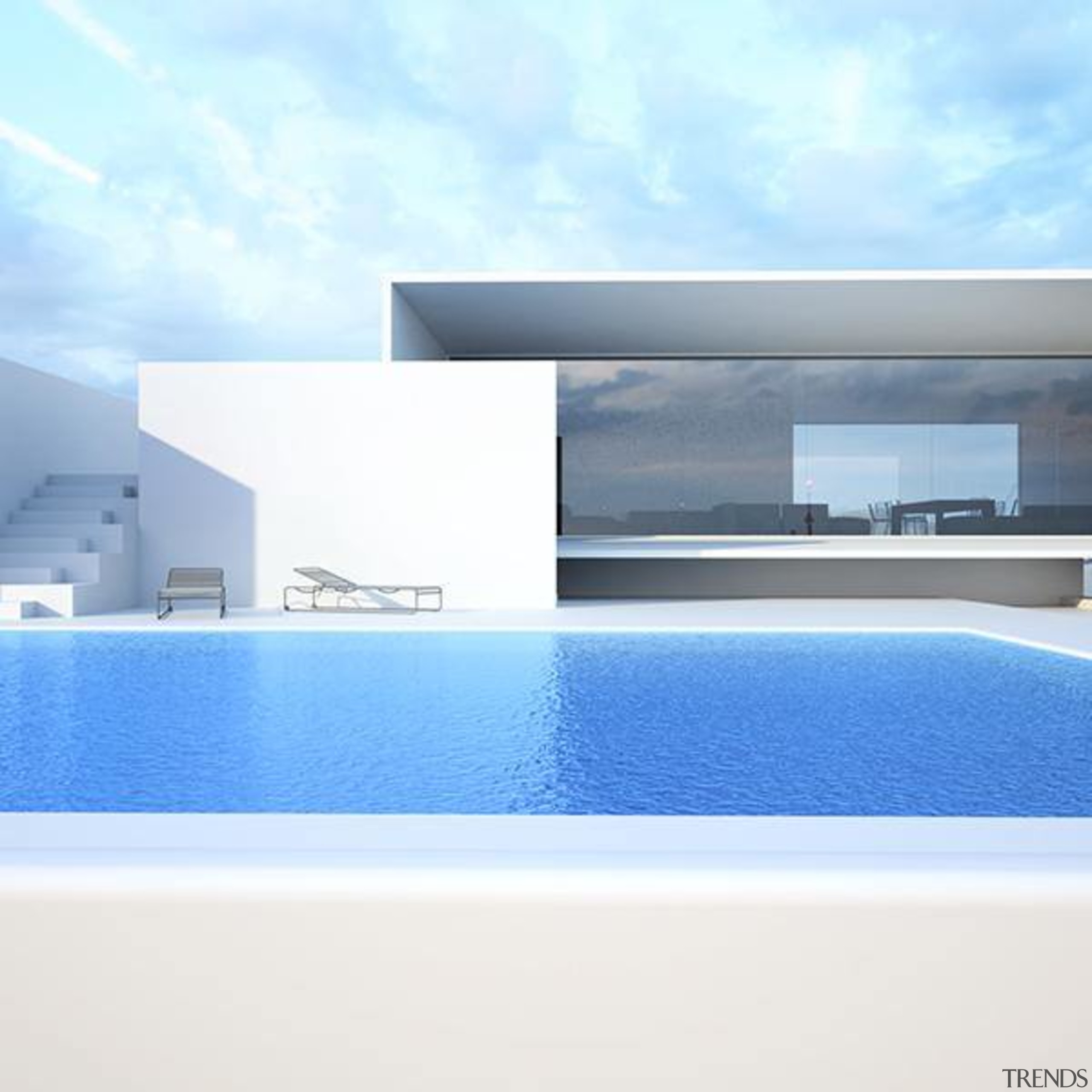Glazing on a massive scale connects the living architecture, daylighting, house, property, sky, swimming pool, water, white