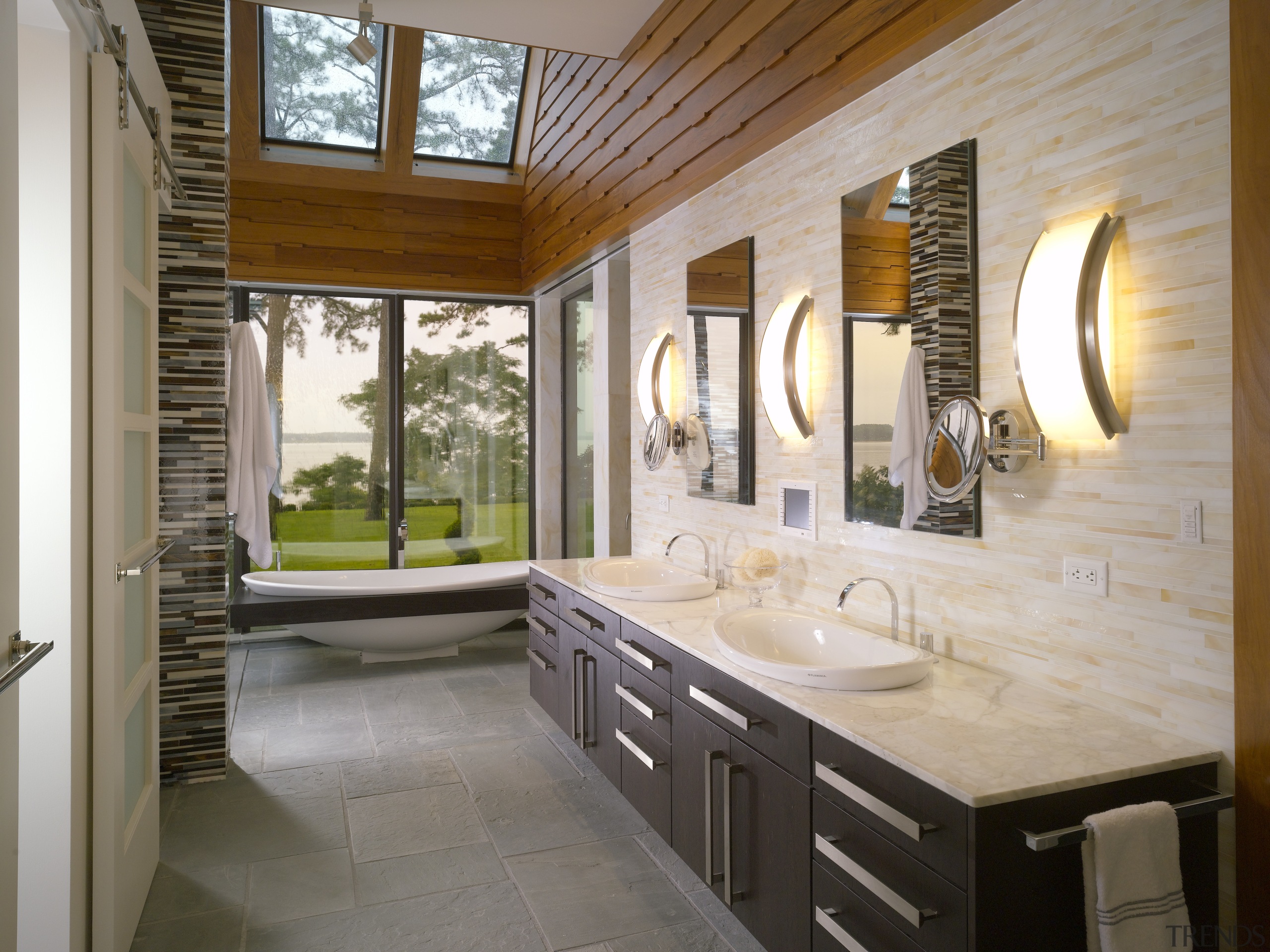 View of contemporary interior with distinctive tile wall bathroom, countertop, estate, home, interior design, real estate, room, window, gray, brown