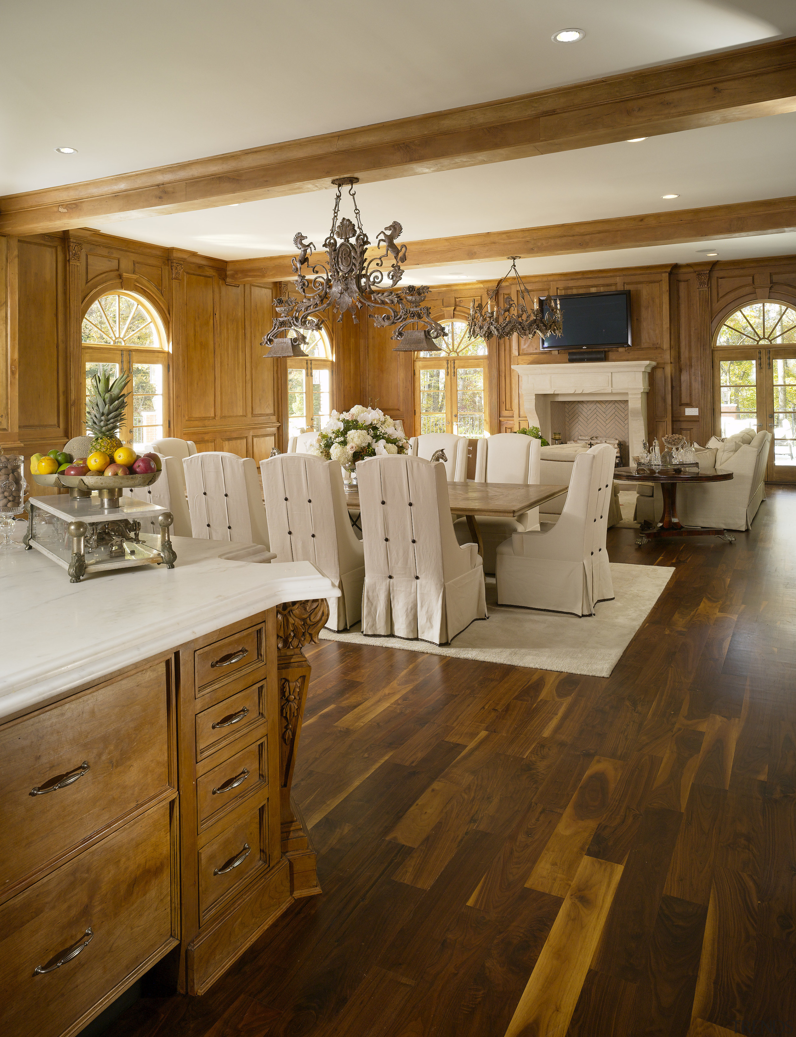 View of classical home &amp; kitchen - View cabinetry, ceiling, countertop, dining room, floor, flooring, hardwood, home, interior design, kitchen, laminate flooring, living room, room, wood, wood flooring, brown, orange