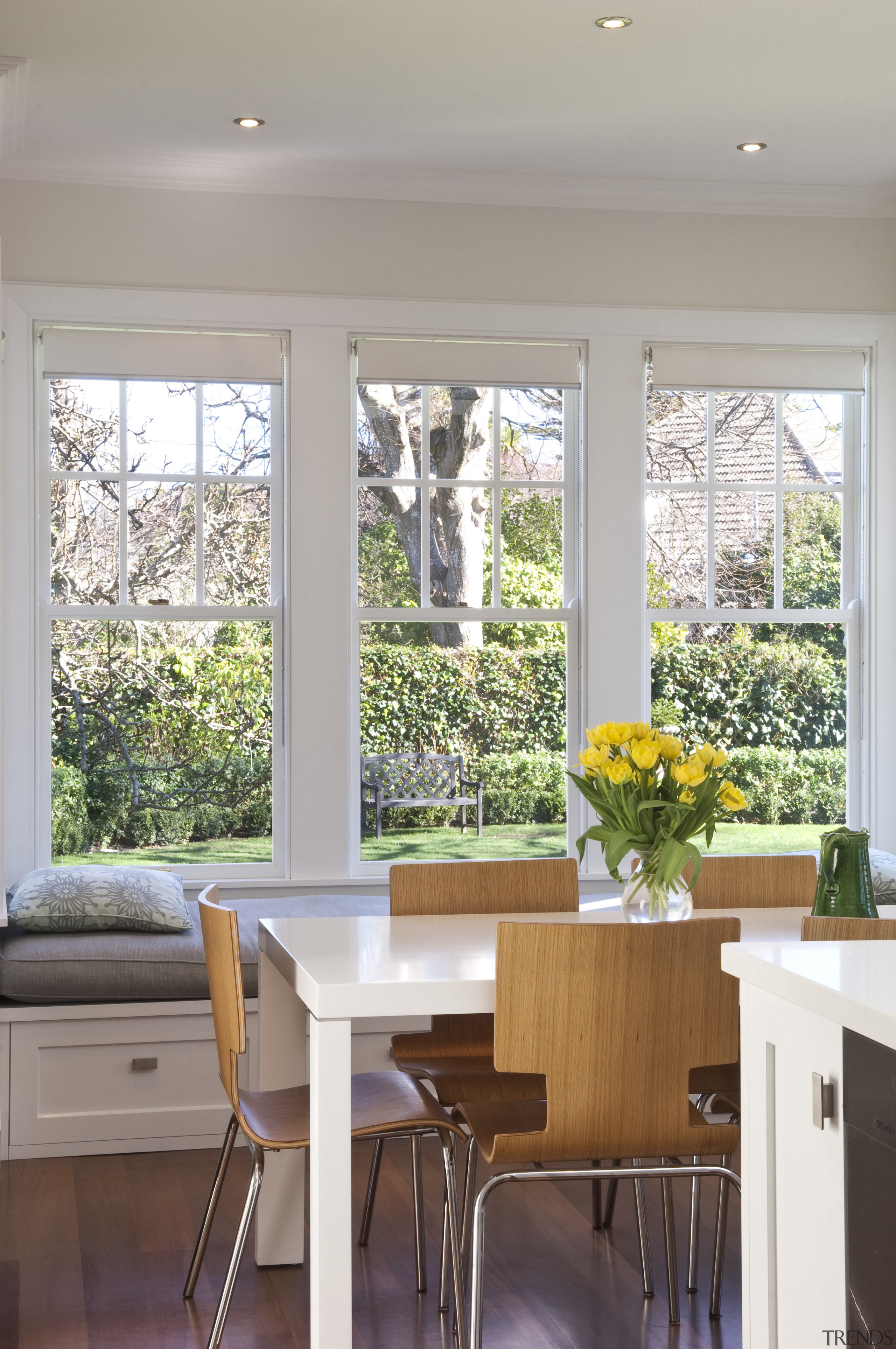 View of the extension to this 1930s home ceiling, countertop, daylighting, dining room, furniture, home, house, interior design, kitchen, room, sash window, table, window, gray