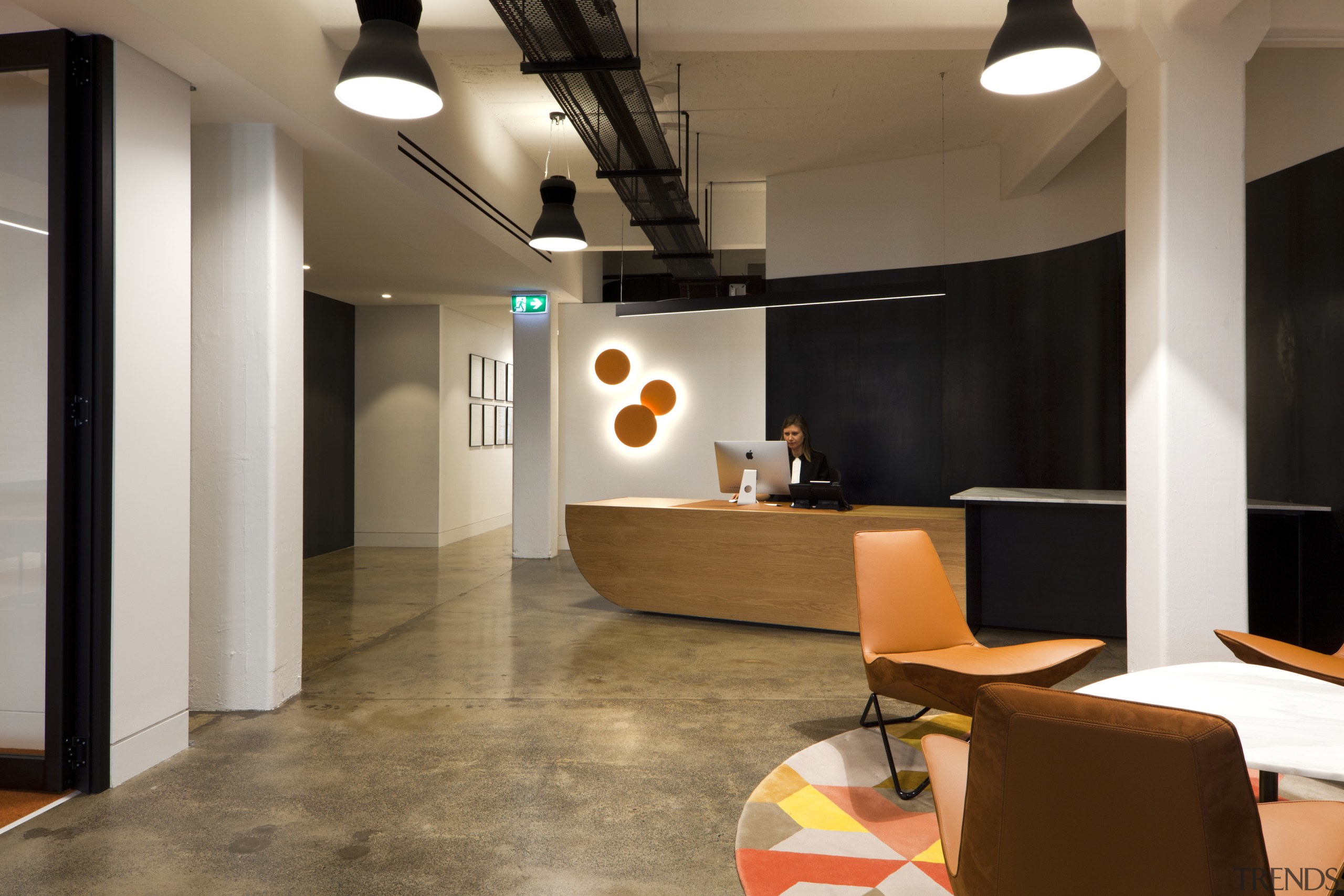 For the fit-out of its modern-look offices in ceiling, flooring, interior design, lobby, brown