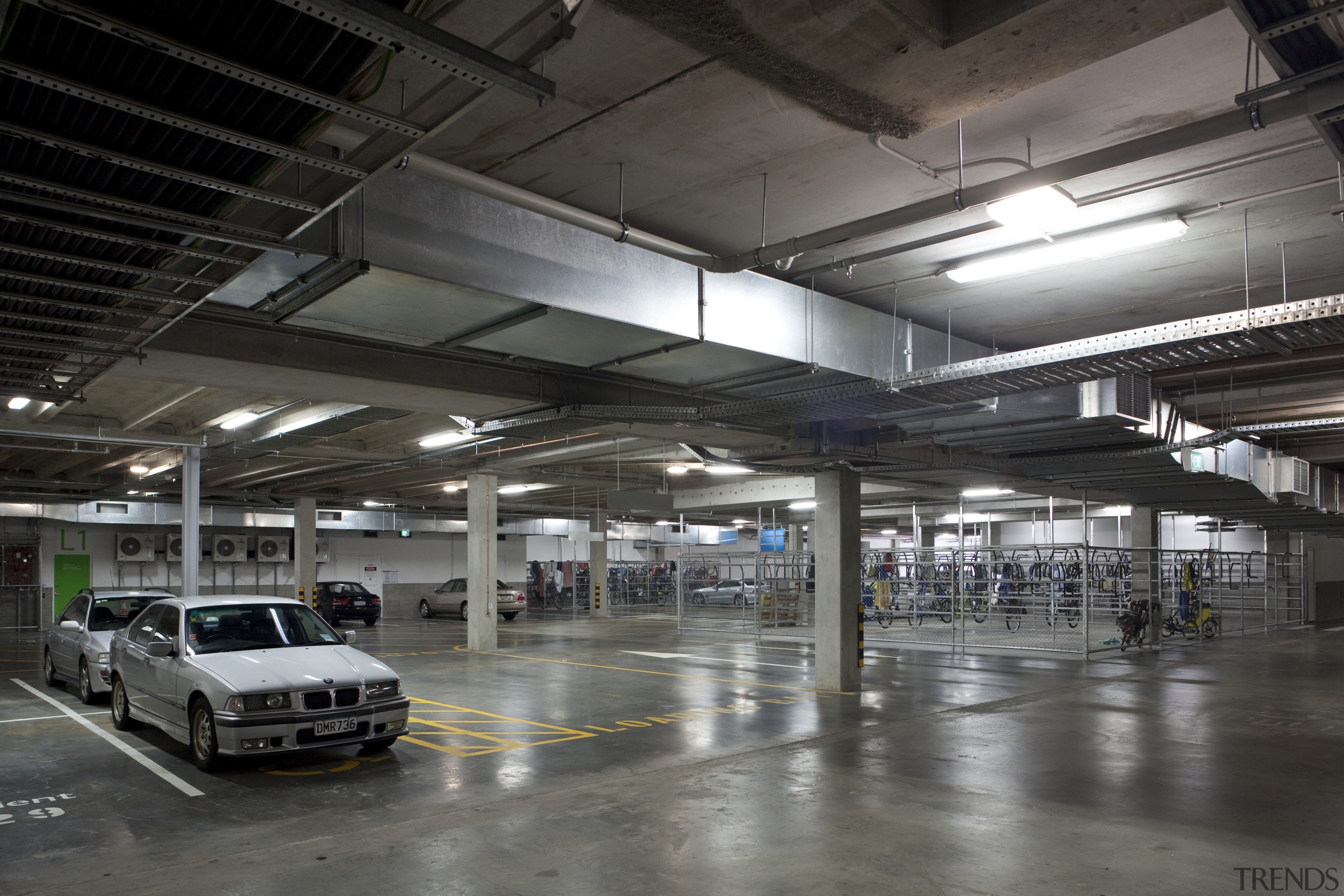 View of the structural engineering at the new airport terminal, factory, metropolitan area, motor vehicle, parking, parking lot, black, gray