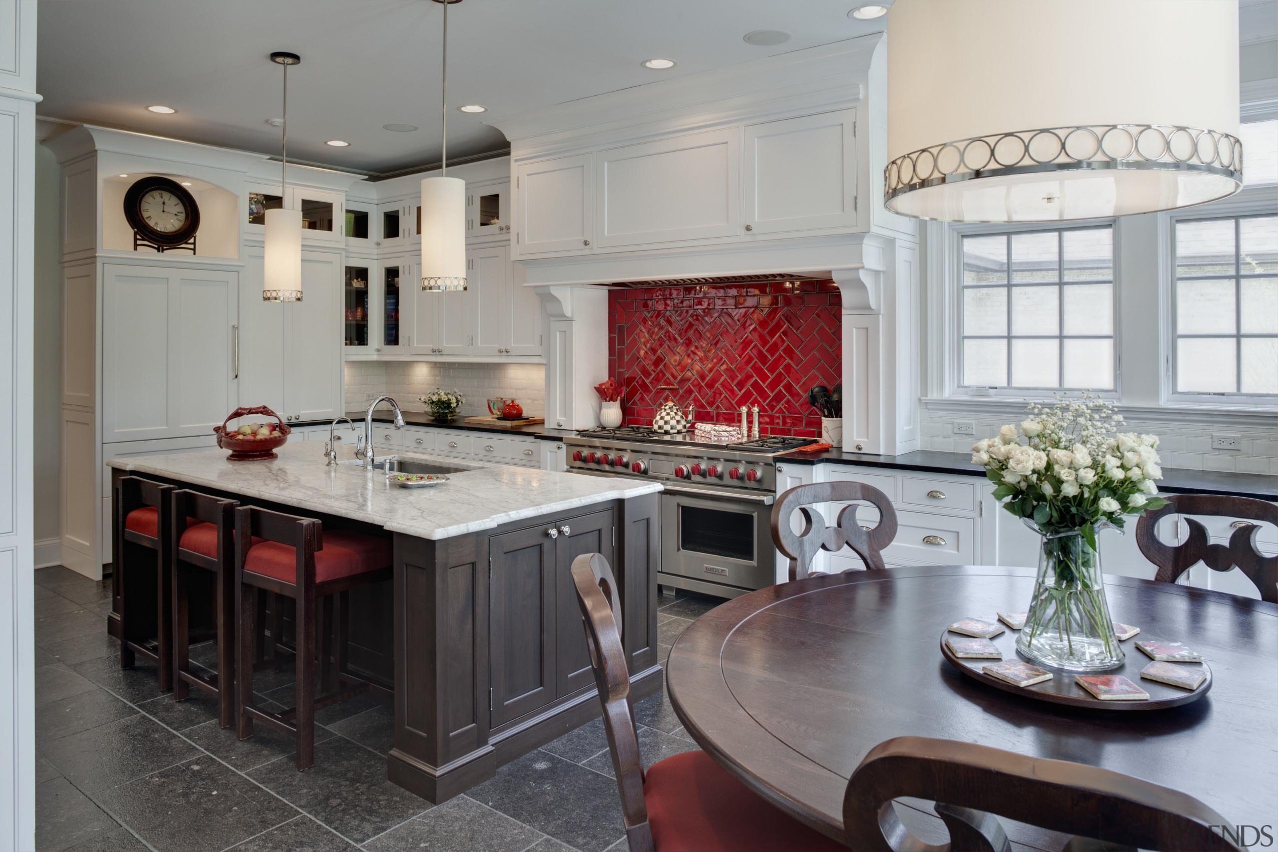 Arched openings. Red splash back. Limestone floors. White cabinetry, countertop, cuisine classique, interior design, kitchen, room, gray