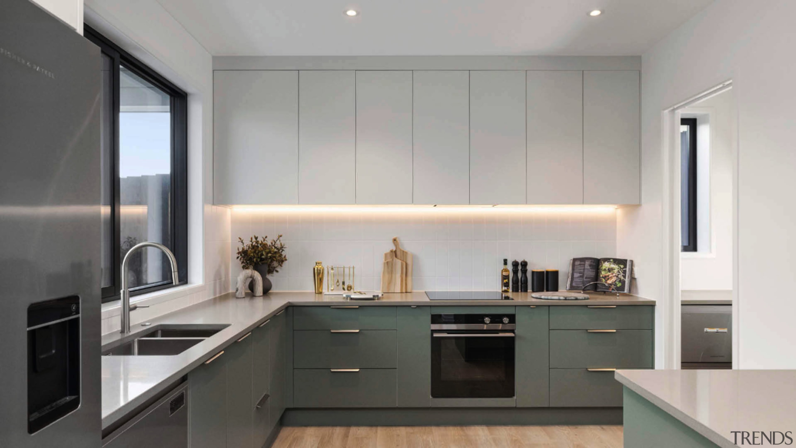 Designer kitchen with window on outdoor living, clean, 