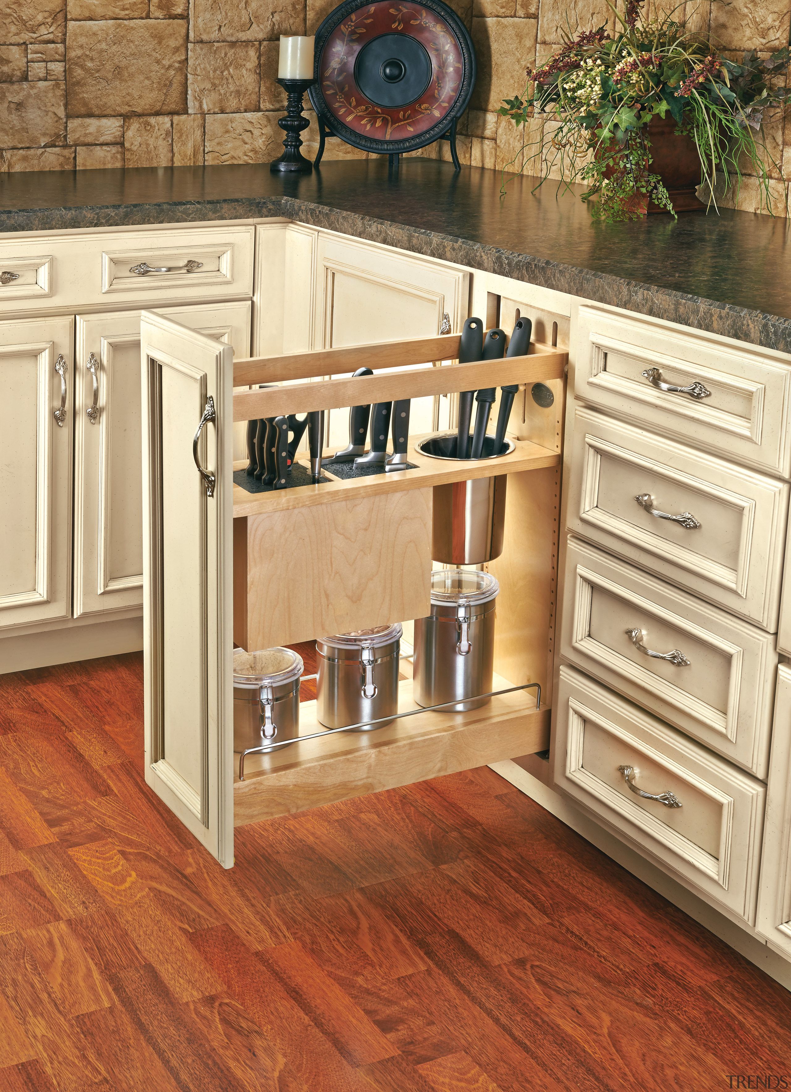 These kitchens show how Rev-A-Shelfs innovative storage products cabinetry, countertop, cuisine classique, drawer, floor, flooring, furniture, hardwood, kitchen, laminate flooring, tile, wood, wood flooring, wood stain, brown