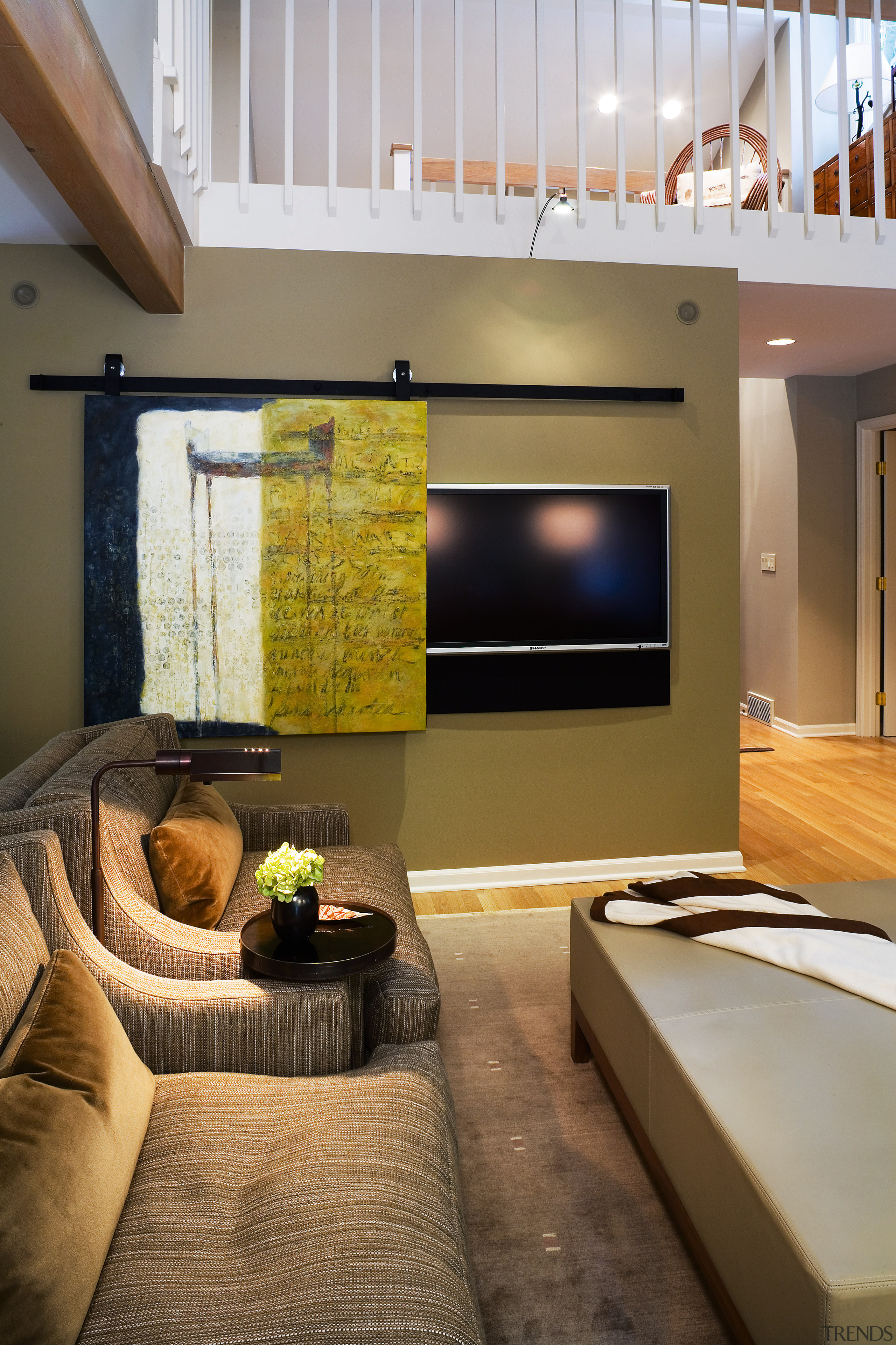 A view of the family room, wooden flooring, architecture, ceiling, home, house, interior design, living room, loft, room, brown