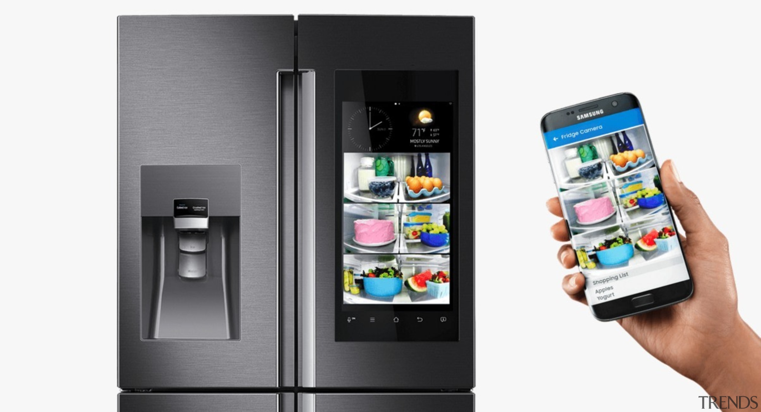 The smart fridge is a must-have smart home communication device, electronic device, electronics, feature phone, gadget, home appliance, kitchen appliance, major appliance, mobile device, mobile phone, multimedia, product, refrigerator, small appliance, smartphone, technology, telephony, white