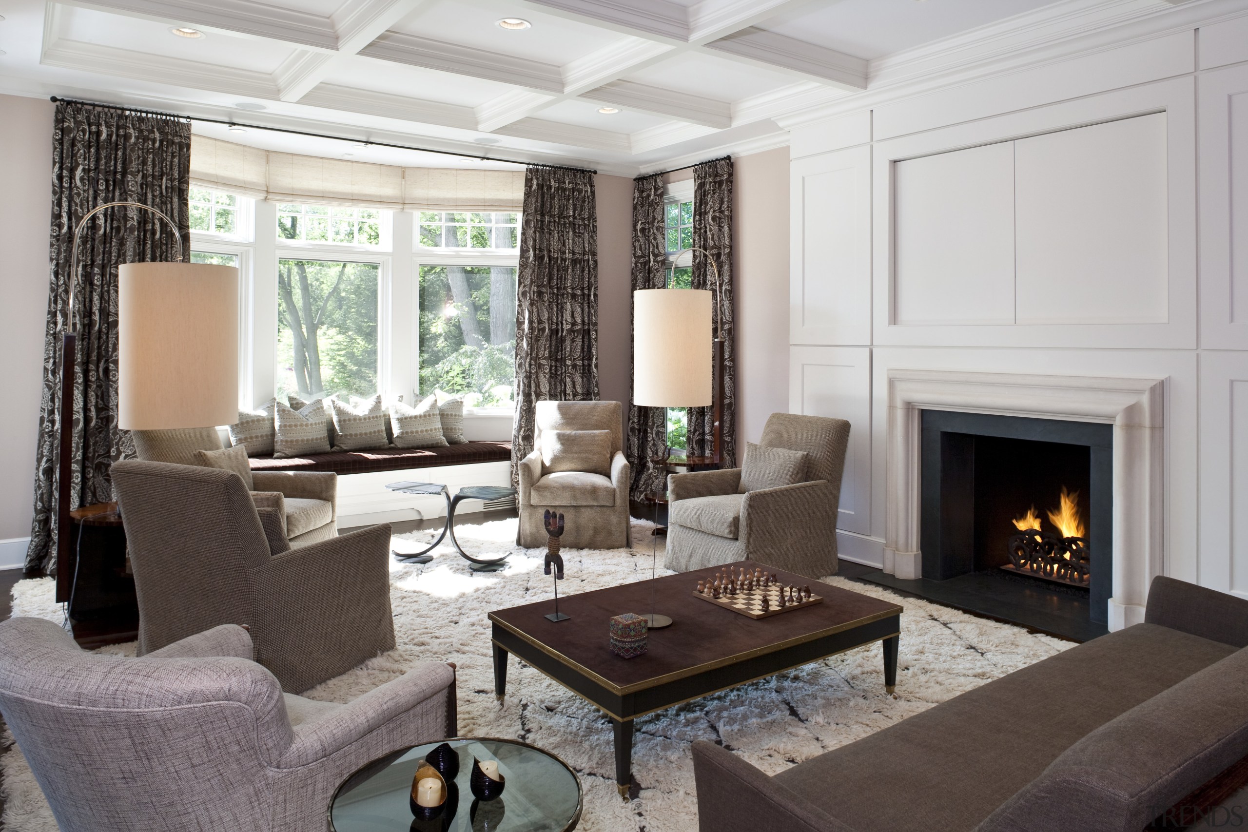 View of living area featuring wide plank Hickory ceiling, hearth, home, interior design, living room, room, suite, gray