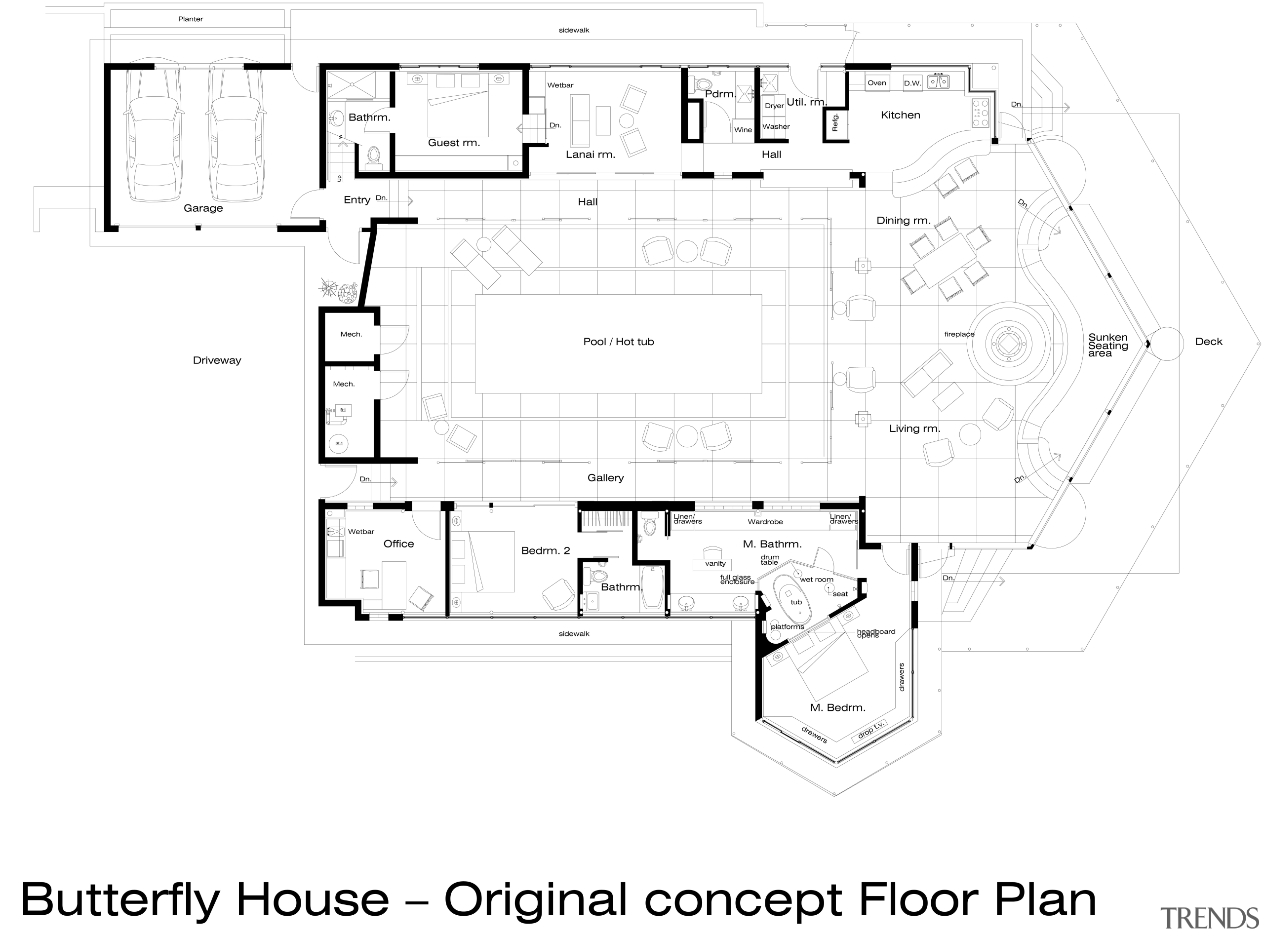 View of the oceanfront Butterfly House in Carmel area, black and white, design, diagram, drawing, floor plan, font, line, plan, product design, schematic, text, white