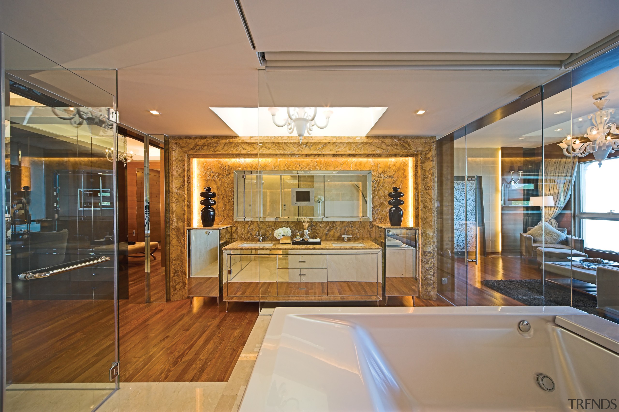 Master suite in a Hong Kong waterside apartment.Featuring ceiling, estate, flooring, home, interior design, real estate, gray, brown