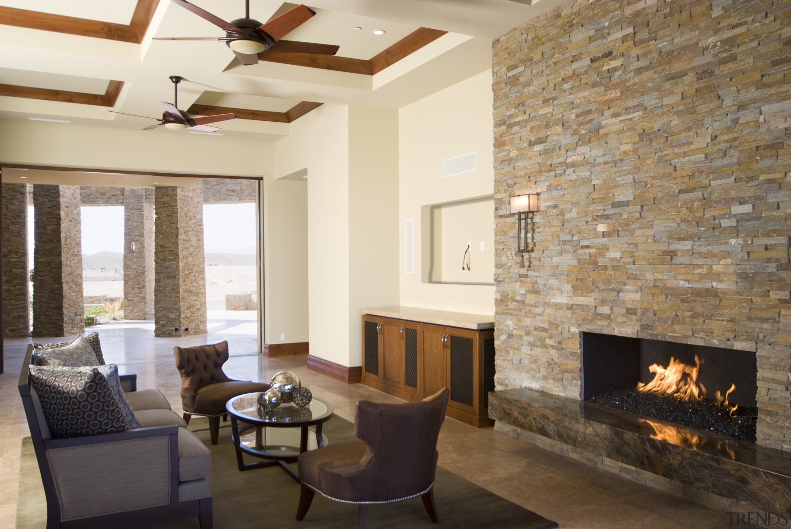 Lounge fire place chairs Tv brick wall ceiling ceiling, fireplace, floor, flooring, hearth, home, interior design, living room, real estate, room, wall, orange, brown