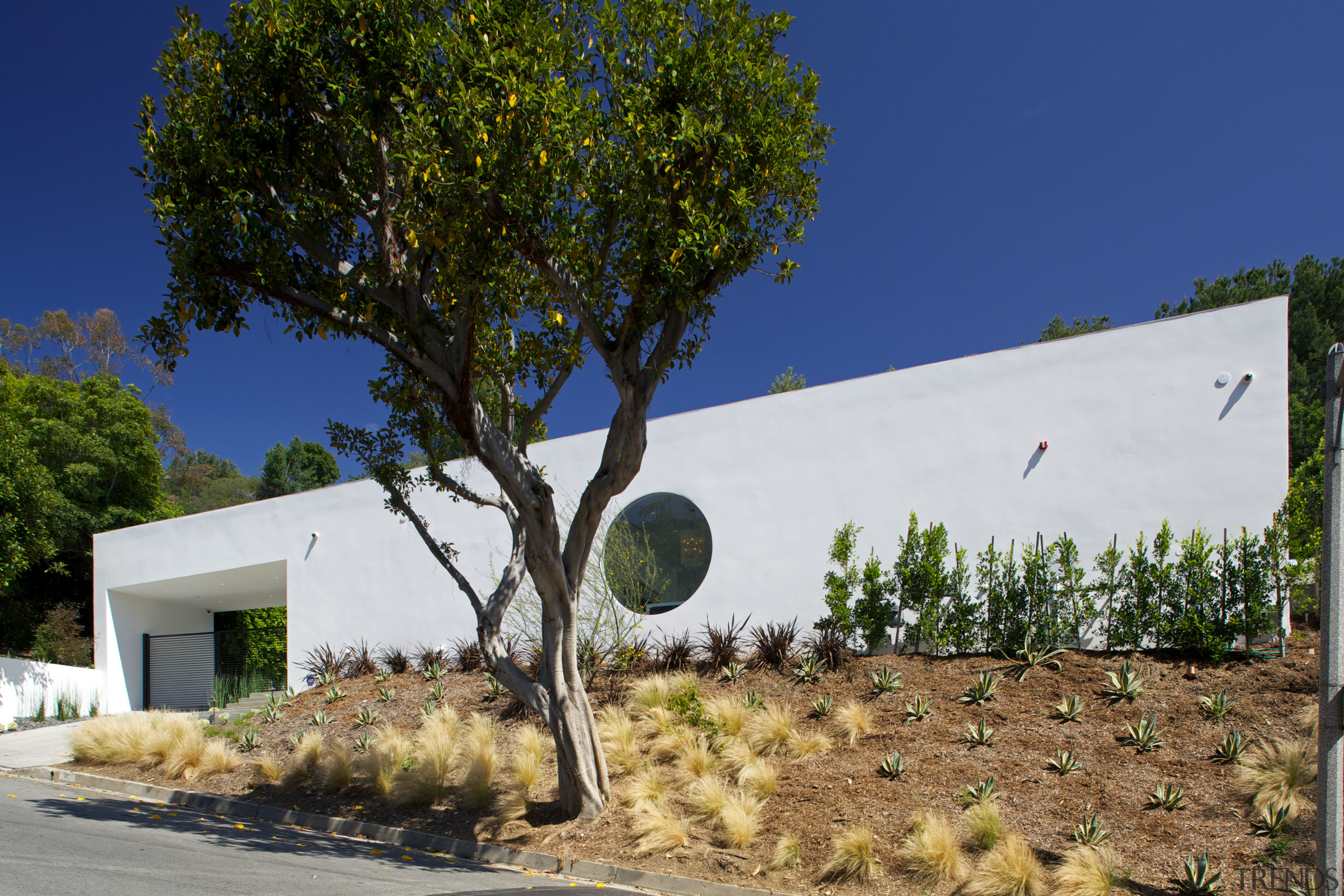 With its sleek new facade, this house has architecture, cottage, estate, facade, home, house, landscape, plant, property, real estate, sky, tree