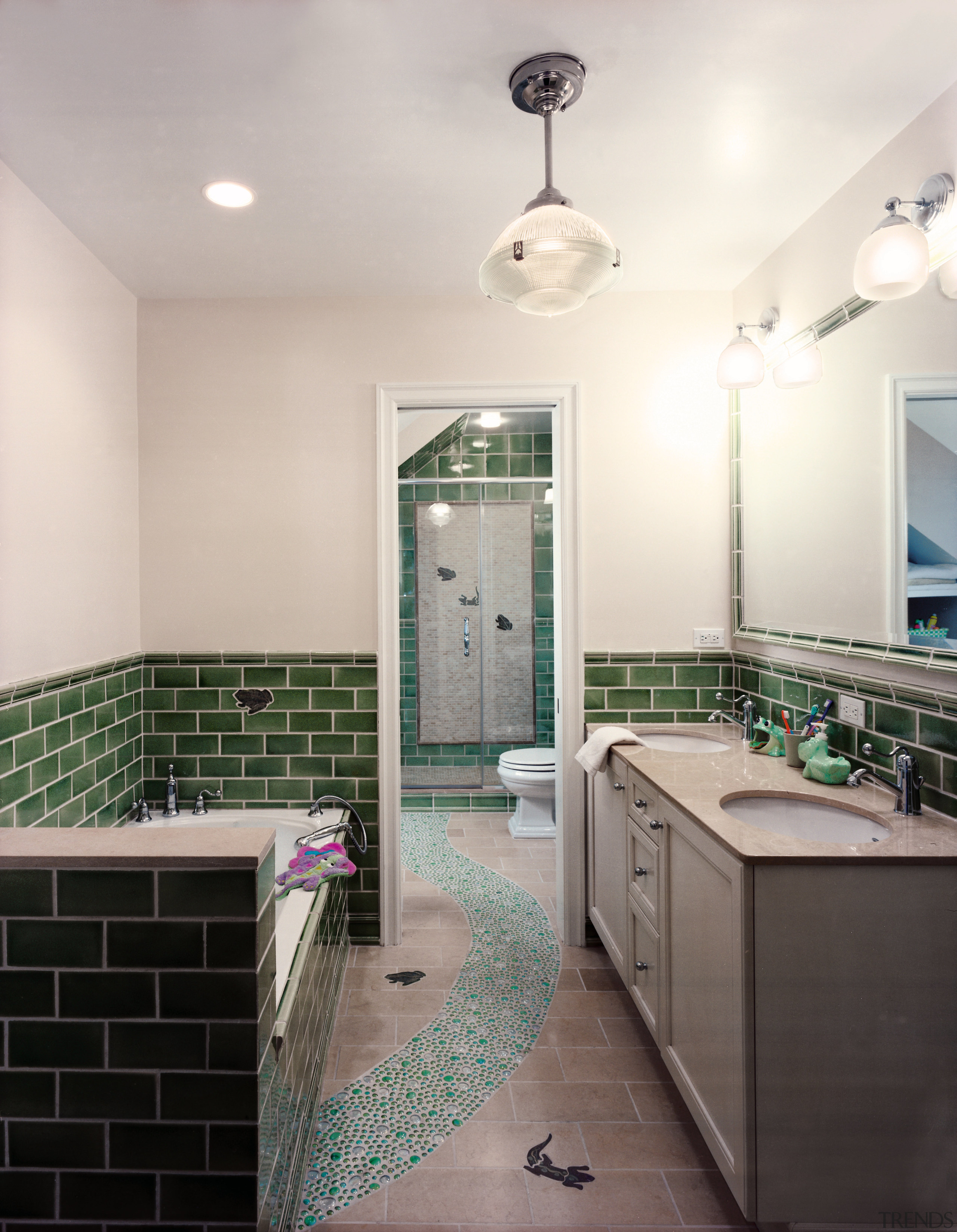 view of this bathroom featuring a double vainty bathroom, ceiling, countertop, daylighting, floor, home, interior design, real estate, room, tile, wall, white