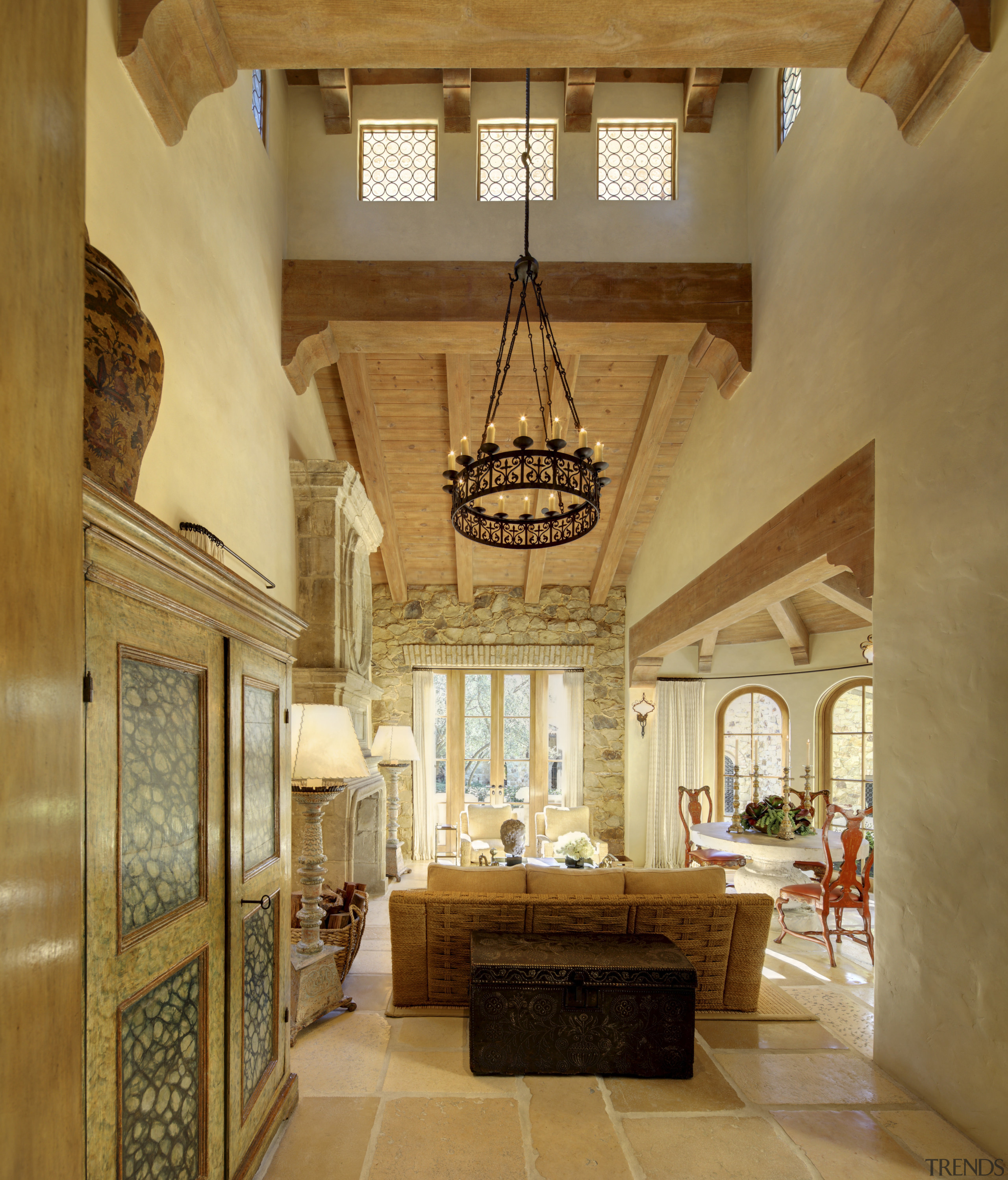 View of lounge area with lighting feature. - ceiling, estate, home, interior design, living room, lobby, room, brown, orange