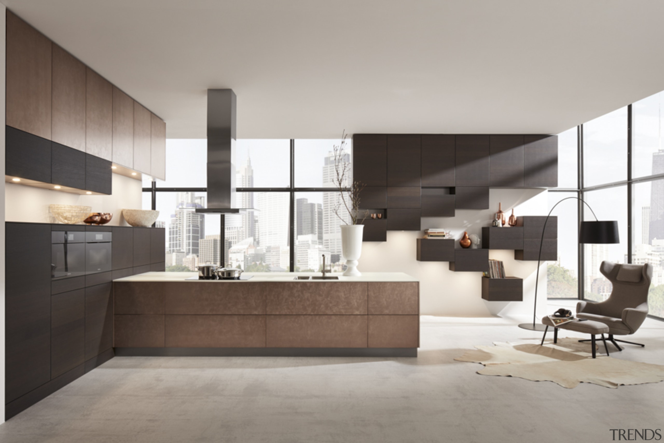 Neutral Hacker kitchen with unique floating storage architecture, floor, furniture, interior design, kitchen, living room, gray