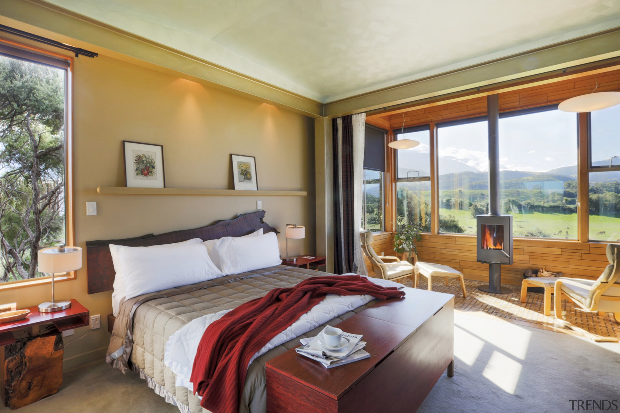 Hapuku tree houses, Kaikoura, New Zealand - architecture architecture, bed, bed frame, bed sheet, bedding, bedroom, boutique hotel, building, ceiling, comfort, estate, floor, furniture, hardwood, home, house, interior design, mattress, mattress pad, property, real estate, resort, room, suite, table, wall, gray