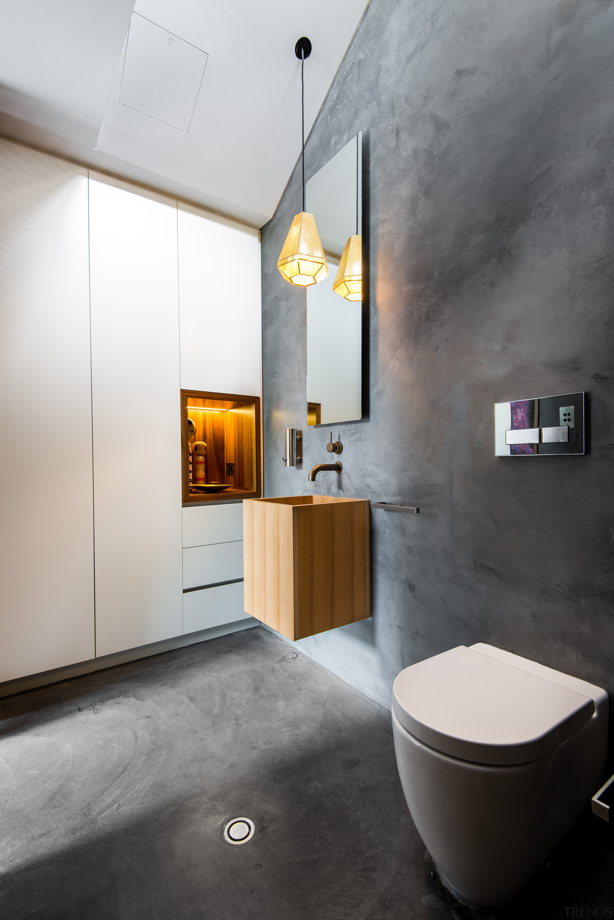 A wall niche in Tasmanian blackwood is in architecture, bathroom, floor, interior design, plumbing fixture, product design, room, sink, tap, wall, gray, black