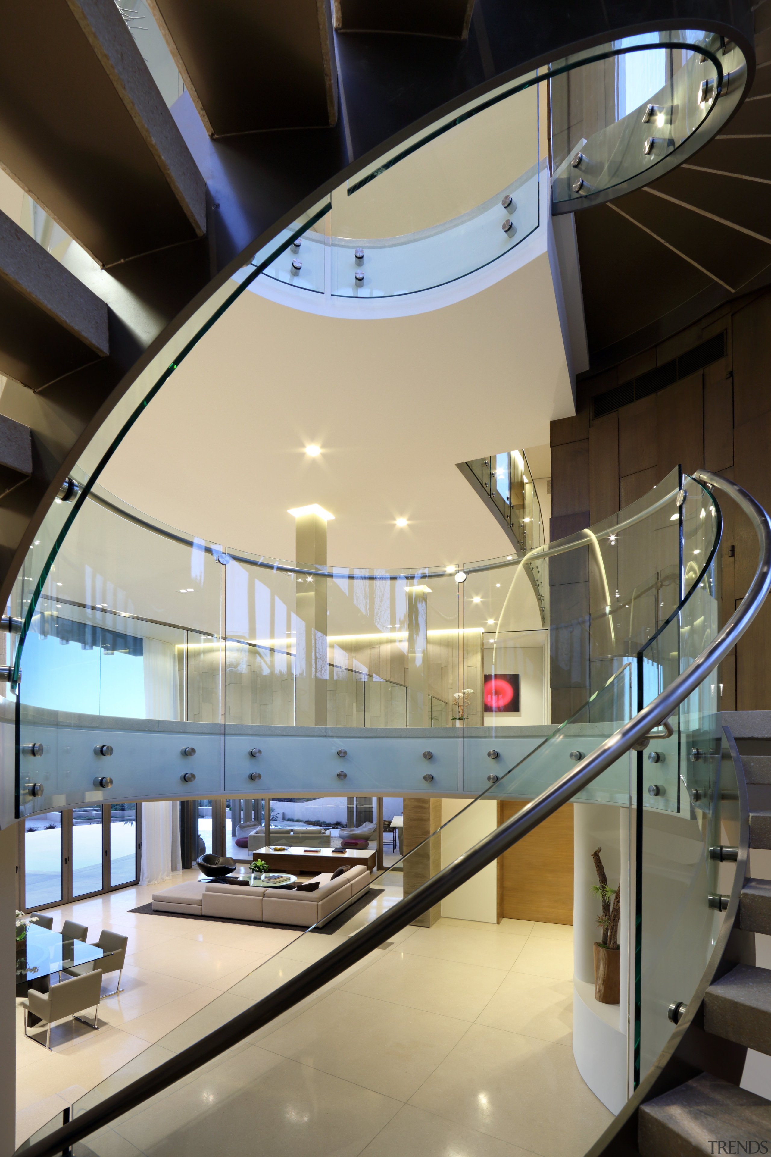 Circulation stair in more ways than one  architecture, ceiling, daylighting, glass, handrail, interior design, stairs, black
