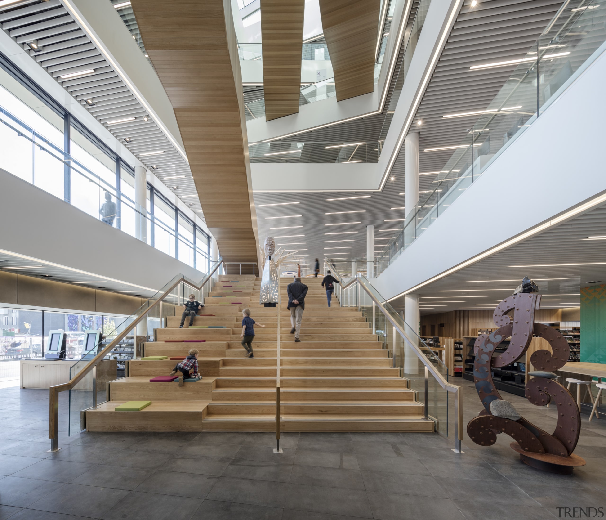 Christchurch Central Library – the open, inviting entrance airport terminal, architecture, building, ceiling, daylighting, interior design, lobby, metropolitan area, mixed use, shopping mall, structure, gray, white
