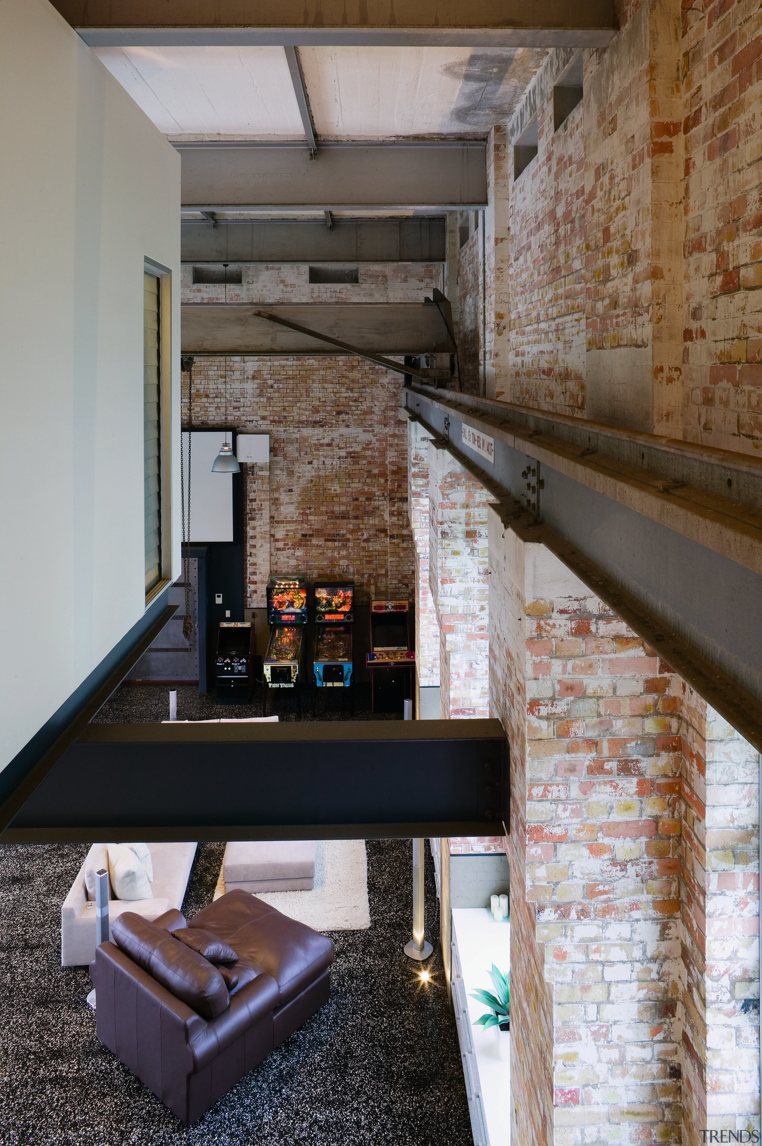 A view of the living area from above. architecture, interior design, gray, black