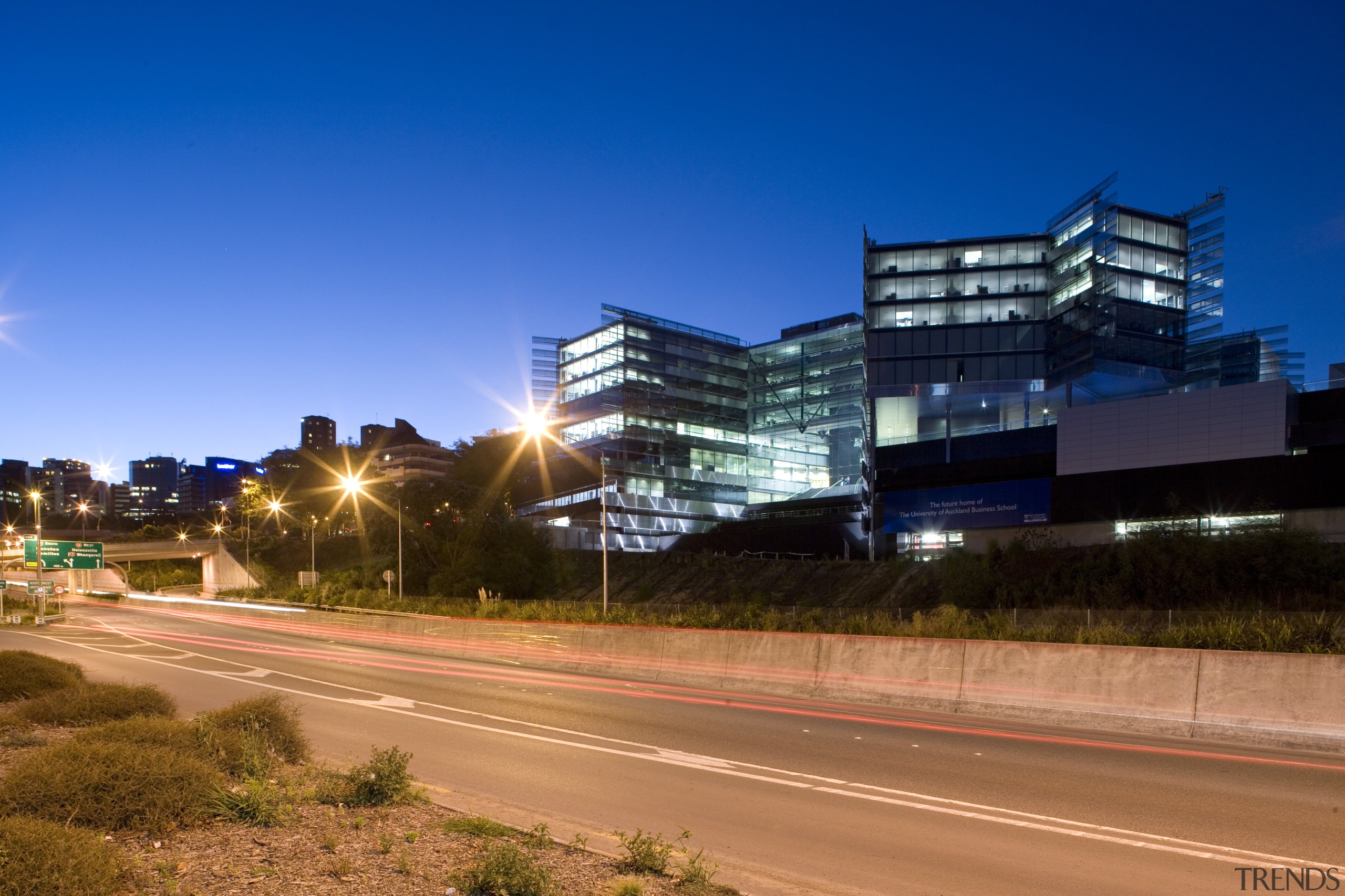 View of the exterior of the Owen G architecture, building, city, cityscape, commercial building, condominium, corporate headquarters, daytime, downtown, evening, headquarters, house, infrastructure, landmark, metropolis, metropolitan area, mixed use, night, real estate, residential area, road, sky, suburb, tree, urban area, blue