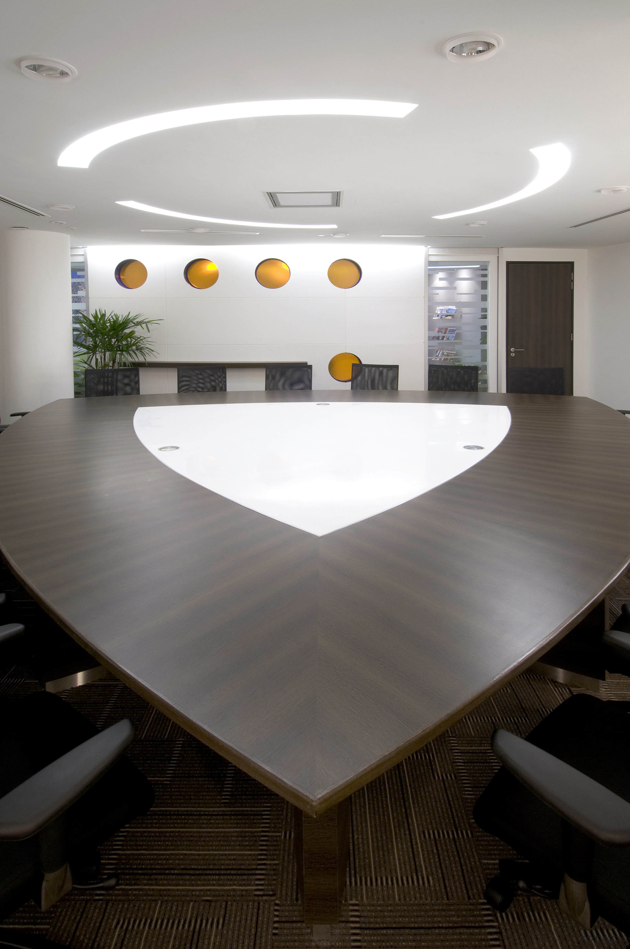 view of the boardroom which features a sail-shaped architecture, ceiling, floor, furniture, interior design, office, product design, table, gray, black