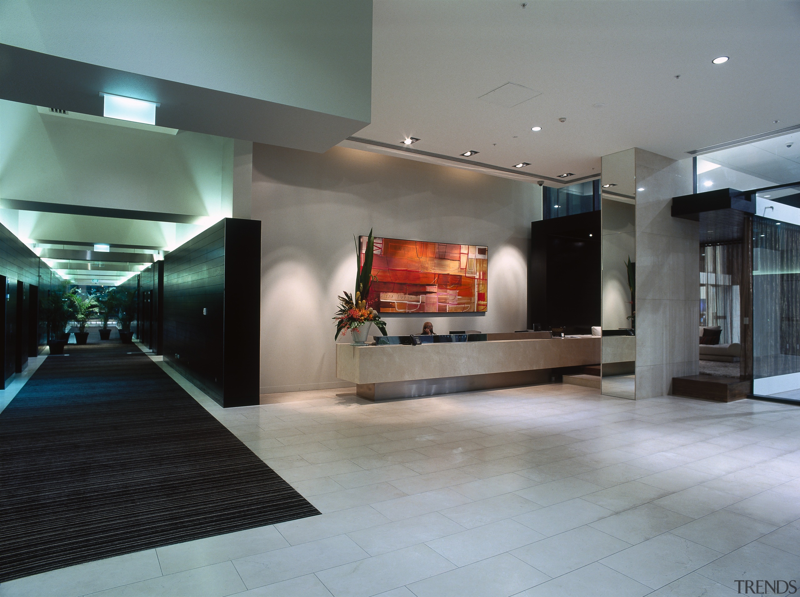 view of the reception area featuring tiled flooring, floor, flooring, interior design, lobby, gray