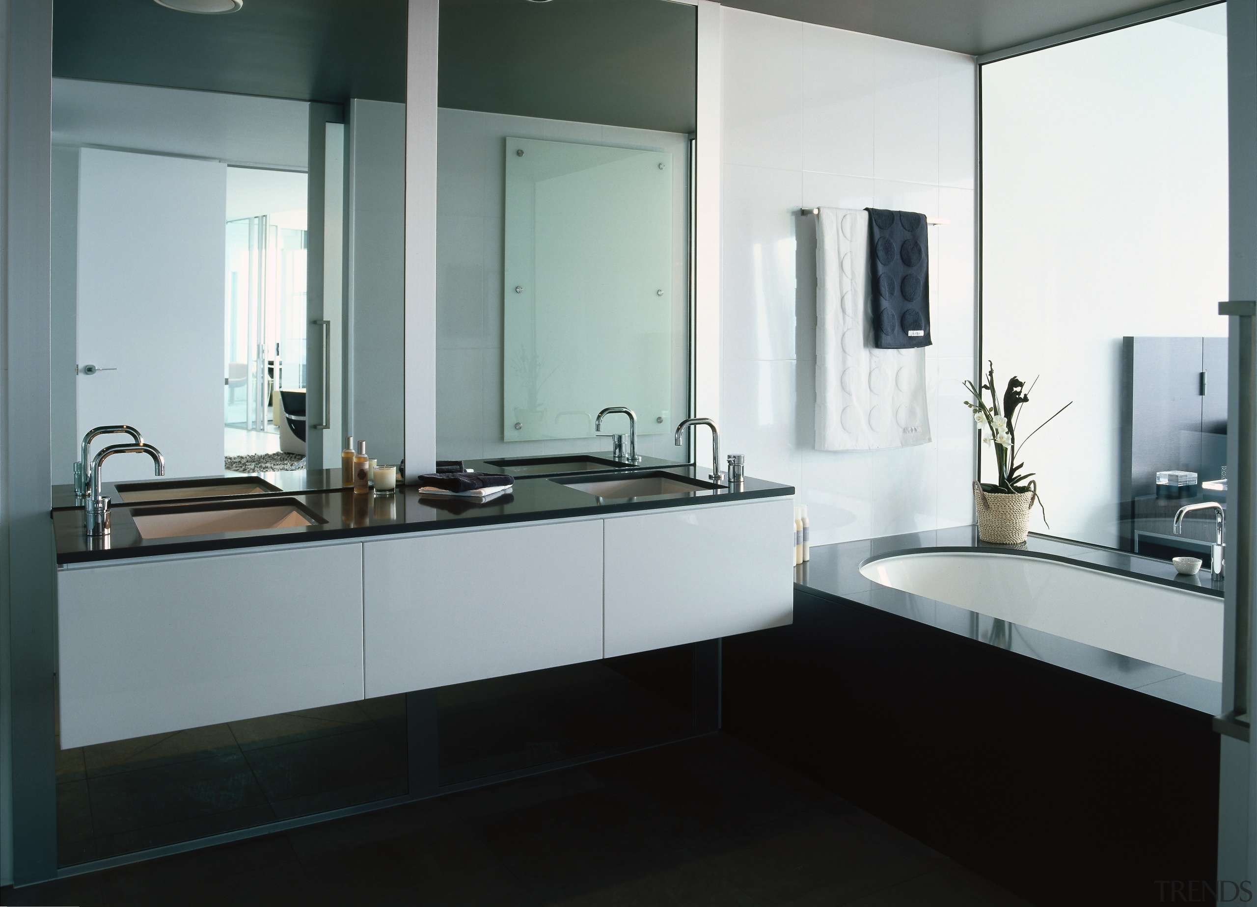 Bathroom with white cabinetry and black vanity top, bathroom, bathroom accessory, bathroom cabinet, countertop, interior design, kitchen, room, sink, gray, black