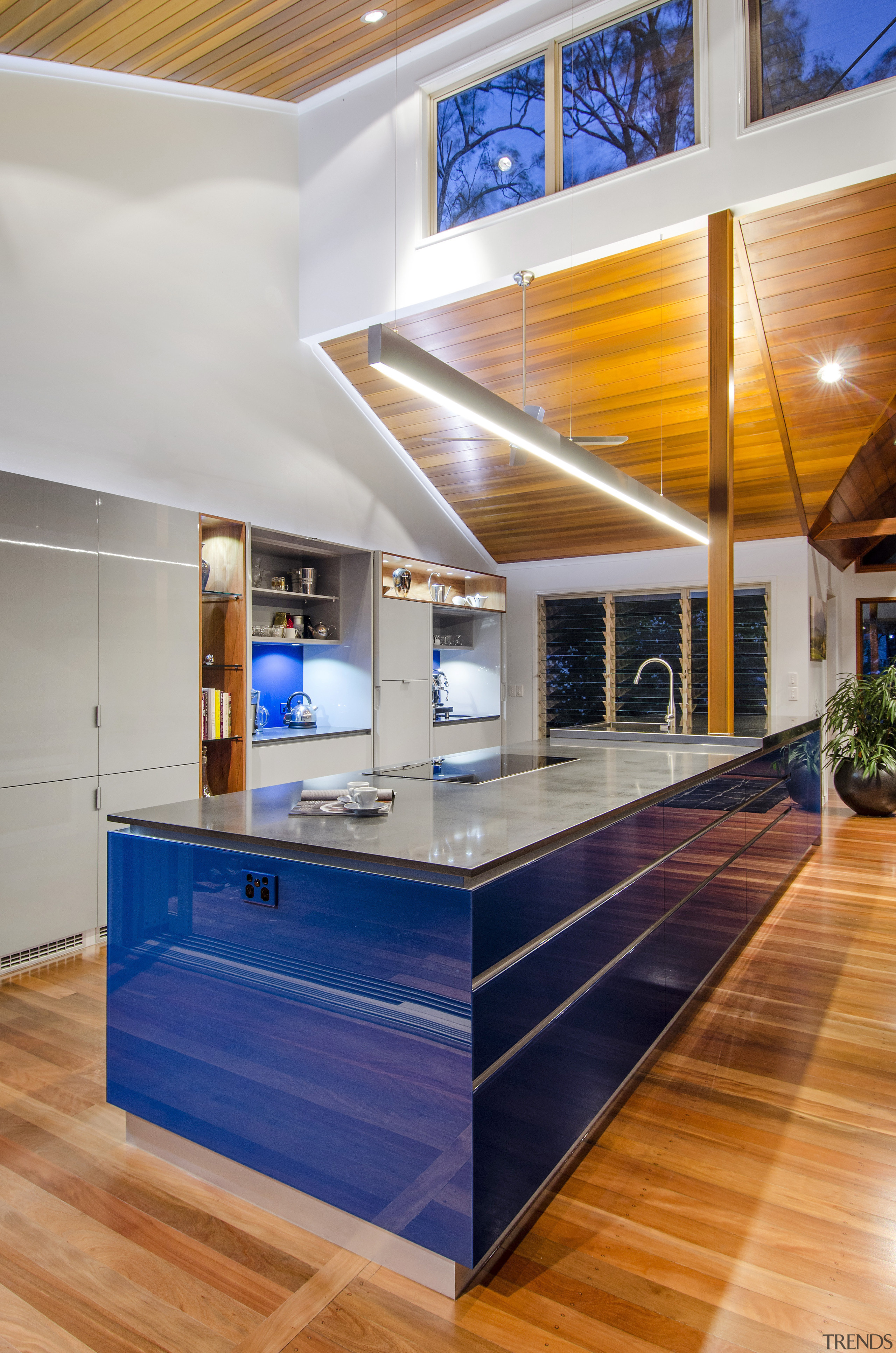 This kitchen was designed by Kim Duffin of architecture, ceiling, countertop, daylighting, floor, hardwood, house, interior design, kitchen, real estate, wood, gray