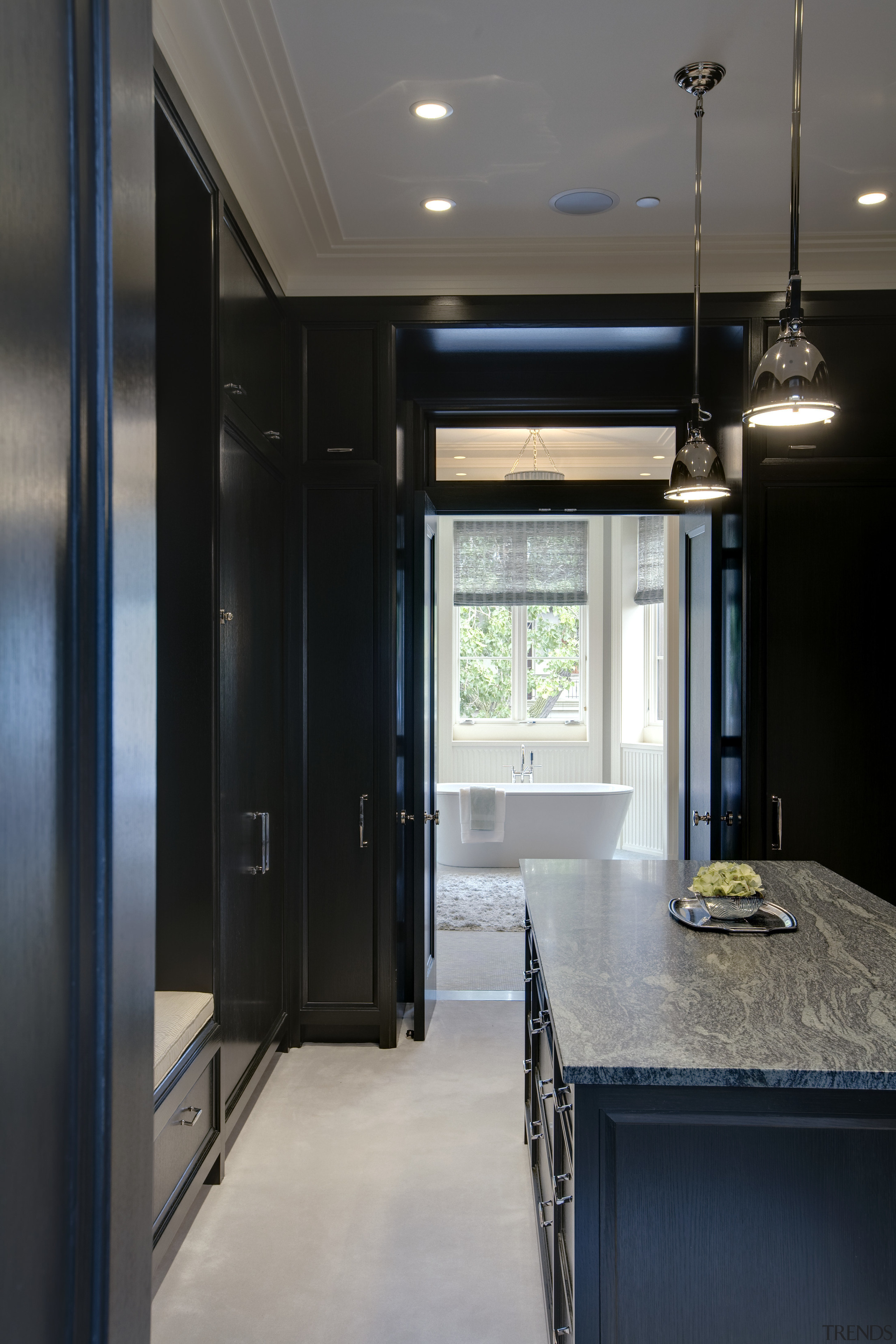 View of the dressing room which features grain-free, ceiling, countertop, interior design, kitchen, room, black, gray