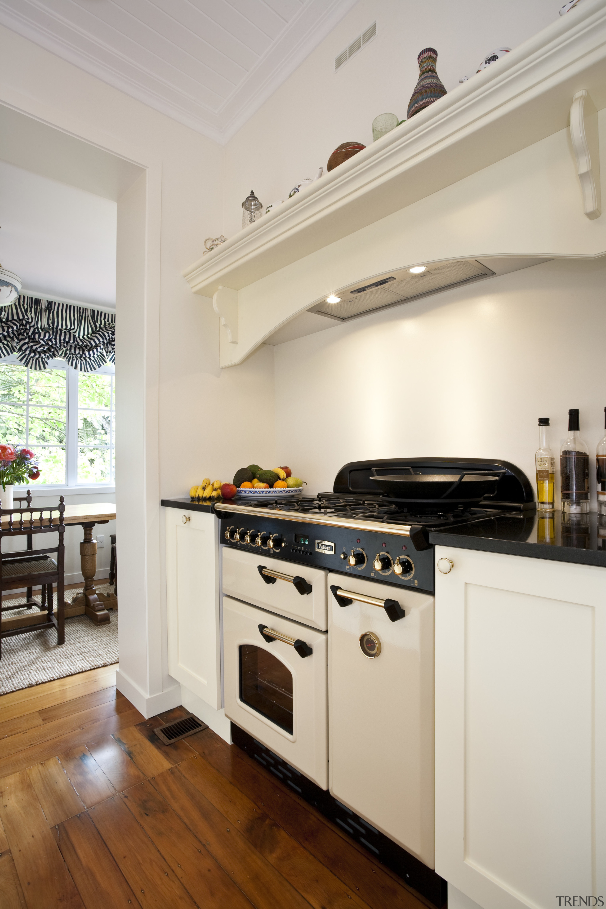 View of Falcon oven and cooktop and lacquered cabinetry, countertop, cuisine classique, floor, flooring, home, home appliance, interior design, kitchen, kitchen appliance, kitchen stove, property, real estate, room, wood flooring, gray