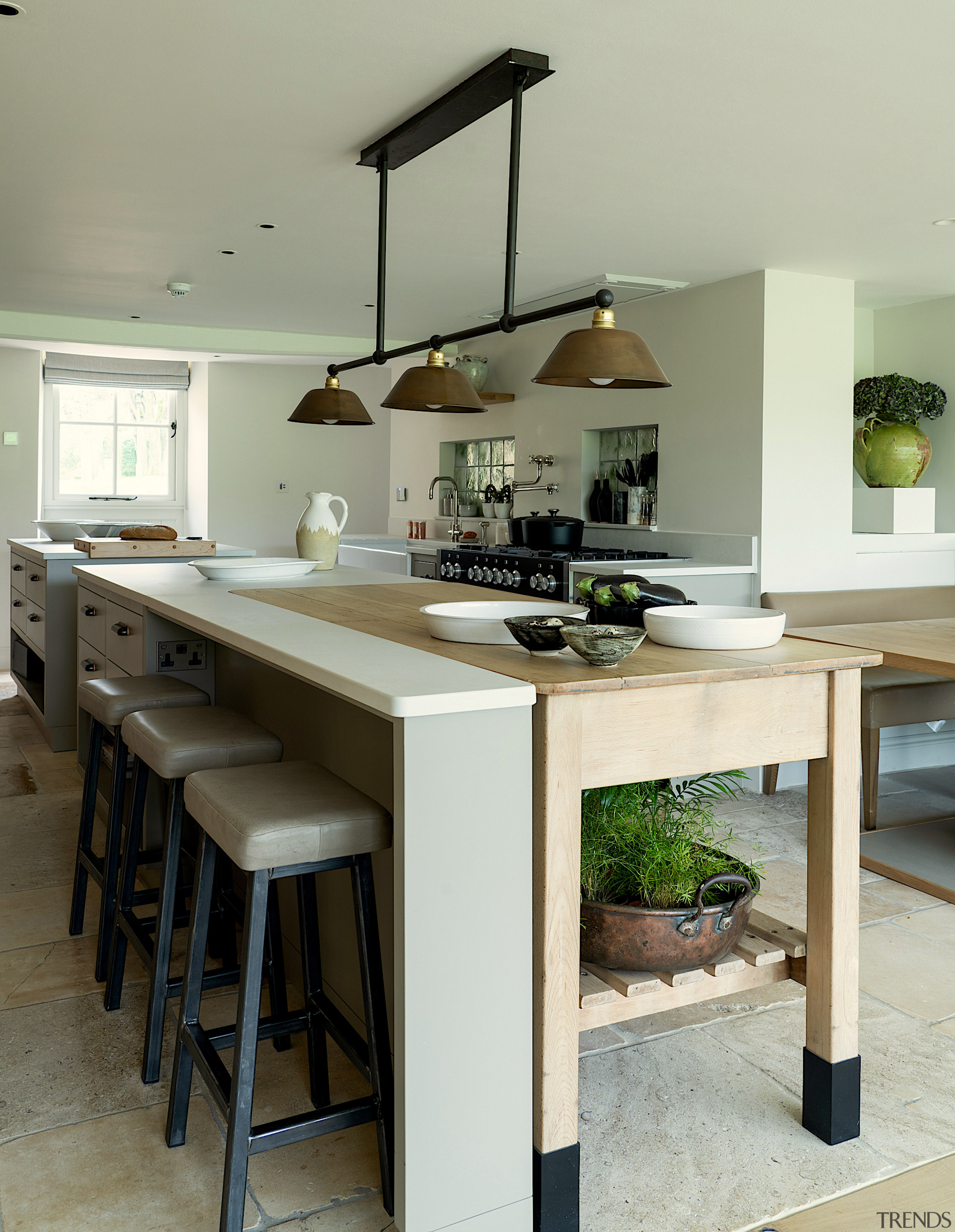 A vintage baker’s table and breakfast bar both 